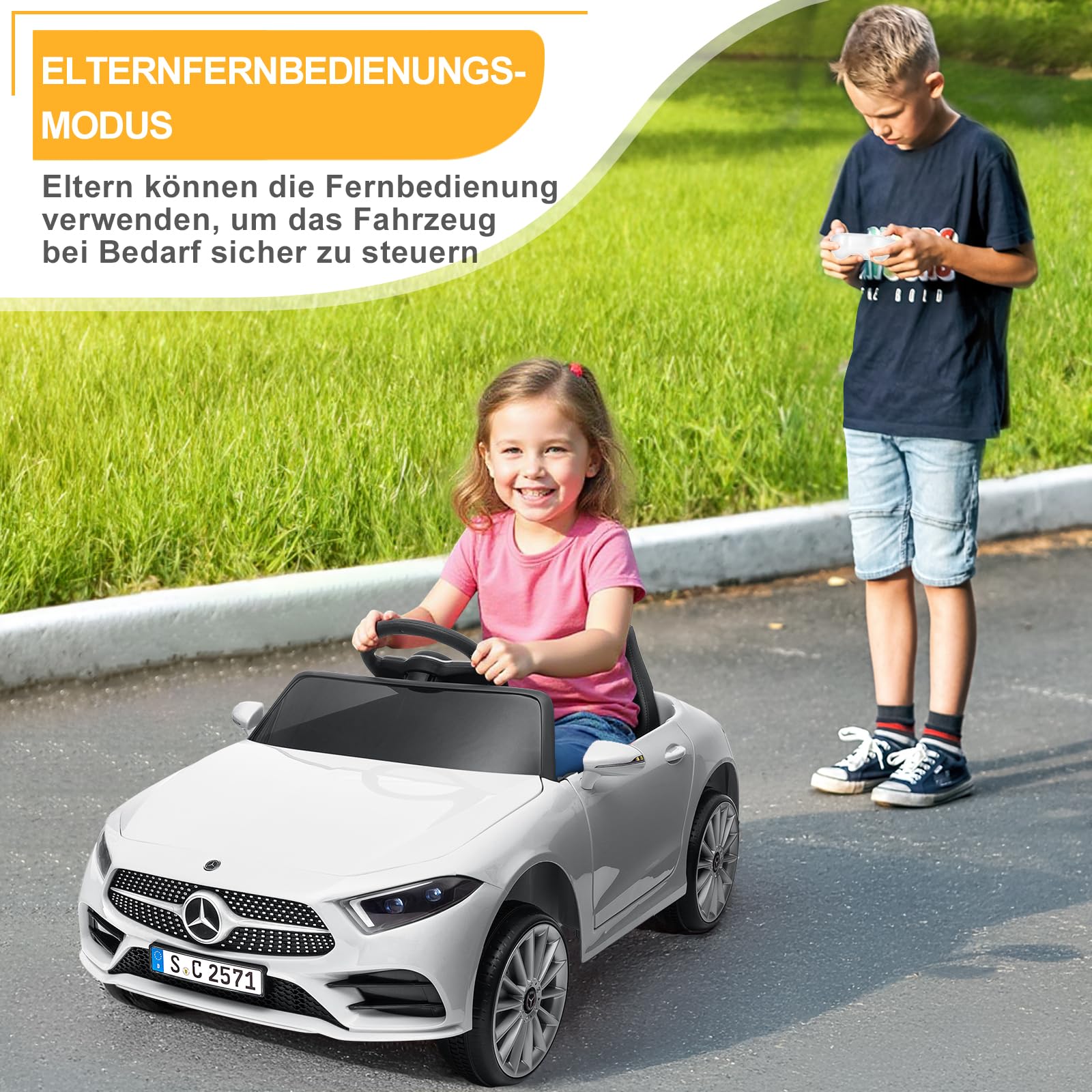 LALAHO Mercedes-Benz - Auto elettrica per bambini, 12 V, colore bianco | Telecomando 2,4 G, lettore MP3, luci LED e clacson, auto giocattolo elettrica per bambini