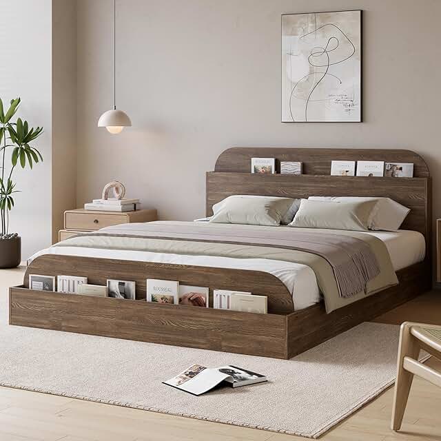Garvee queen bed frame with storage headboard and raised footboard