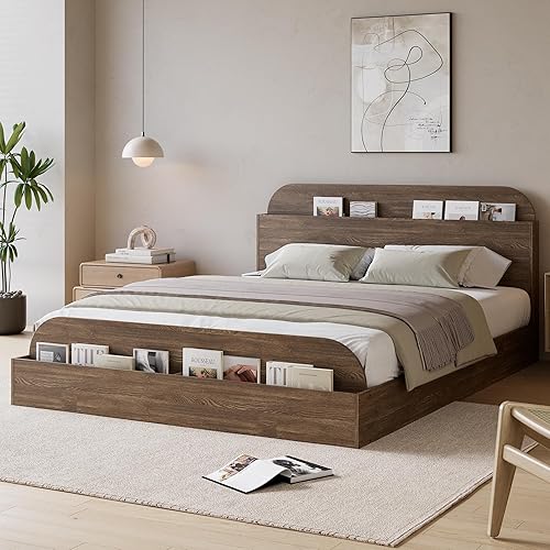Garvee Queen Size Bed Frame with Storage Headboard and Raised Footboard – Wooden Queen-Floor Low Platform Bed for Bedroom, Heavy Duty & Noise Free, No Box Spring Needed, Walnut