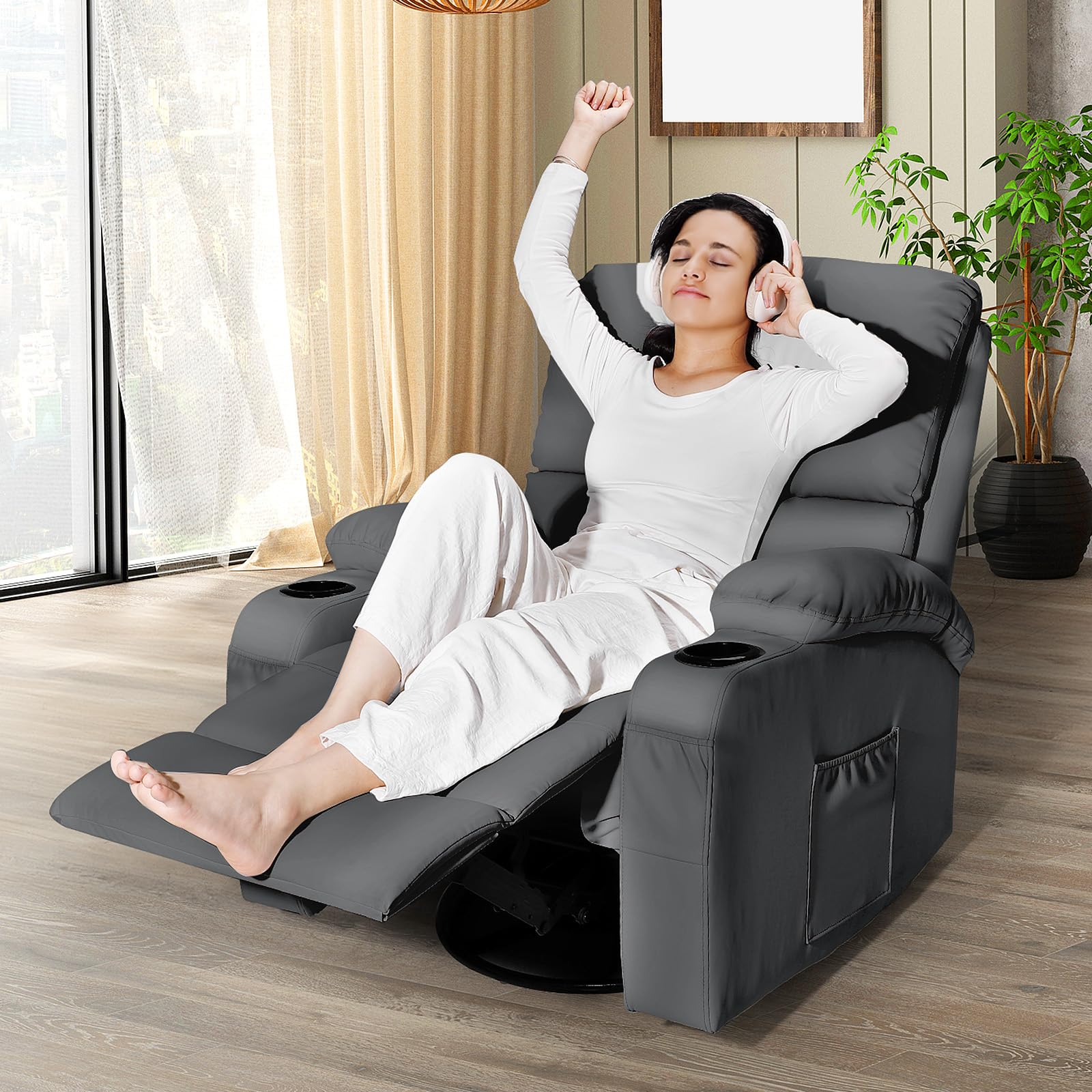 Schaukelstuhl mit Relaxfunktion, Massagesessel mit Vibration und Wärme, USB- und Type-C-Anschlüsse, 360° Drehbar, Kunstleder, Wohnzimmer, Schlafzimmer, Kinderzimmer, Wohnmobil, Dunkelgrau