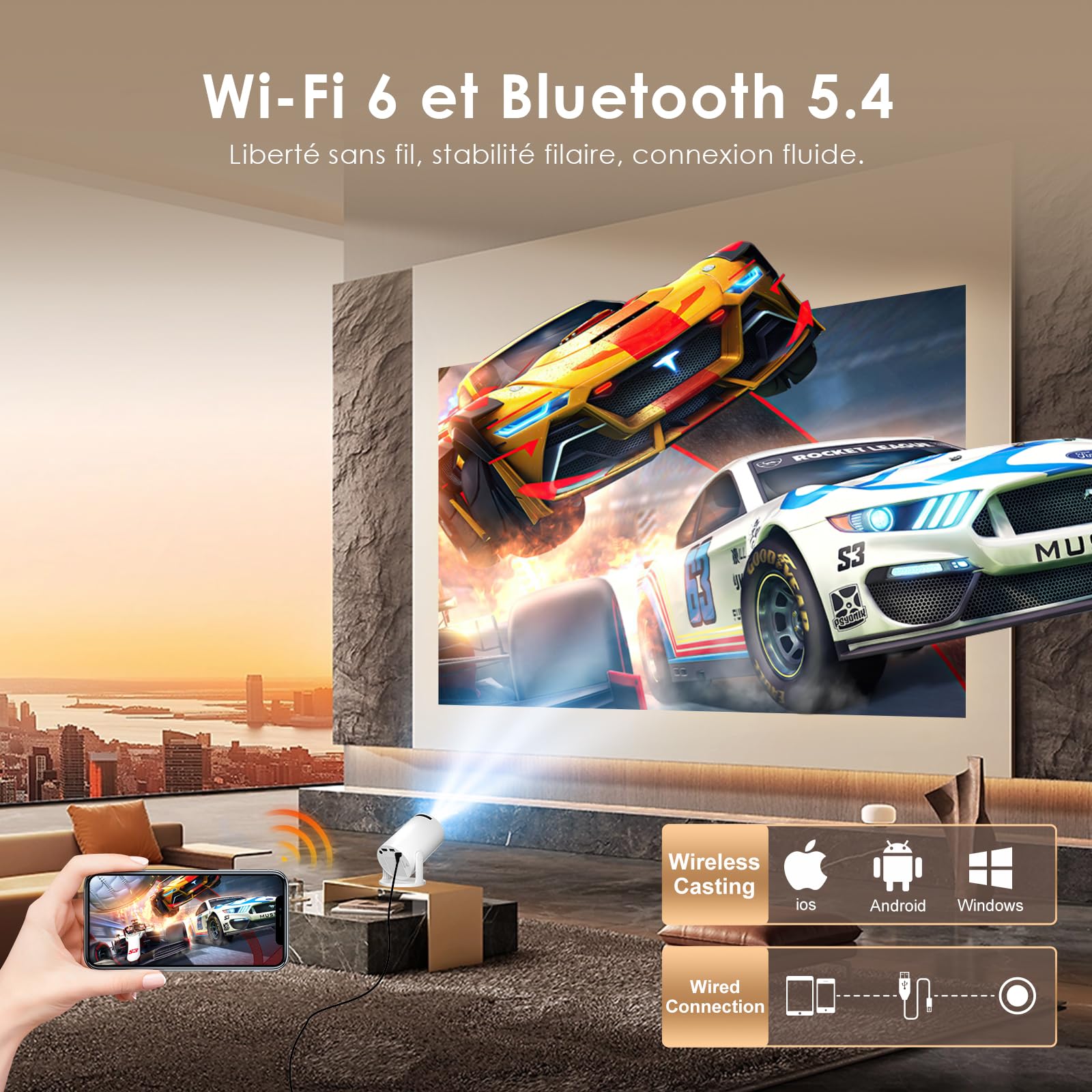 Salange 2026 Mini Vidéoprojecteur 4K Supportée Android 14, Smart Projecteur Vidéo Portable, avec WiFi 6 et Bluetooth Auto Keystone, Petit Retroprojecteur pour Téléphone Portable, Home Cinéma
