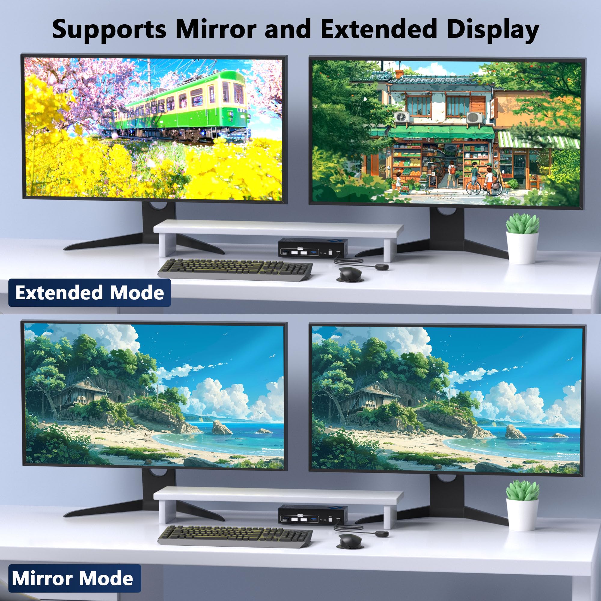 DisplayPort KVM Switch 2 monitory, 2 komputery, 4K 60 Hz, USB3.0 KVM Switch Display Port na 2 komputery, dwa monitory i 4 urządzenia USB, przełącznik do 2 komputerów