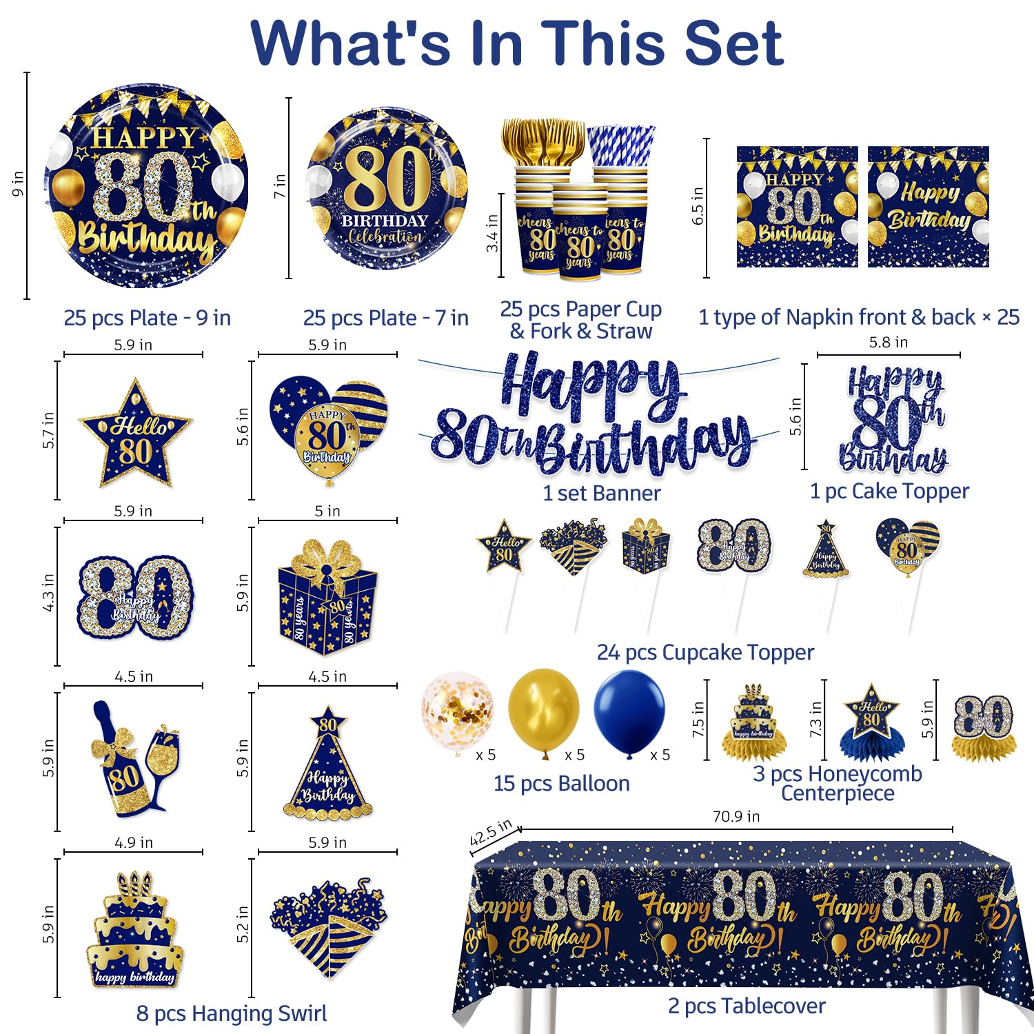 Juego de vajilla de 80 cumpleaños para hombres, decoraciones de 80 cumpleaños para hombres con platos y servilletas de 80 cumpleaños, decoraciones de cumpleaños 80 para hombres, sirve para 25
