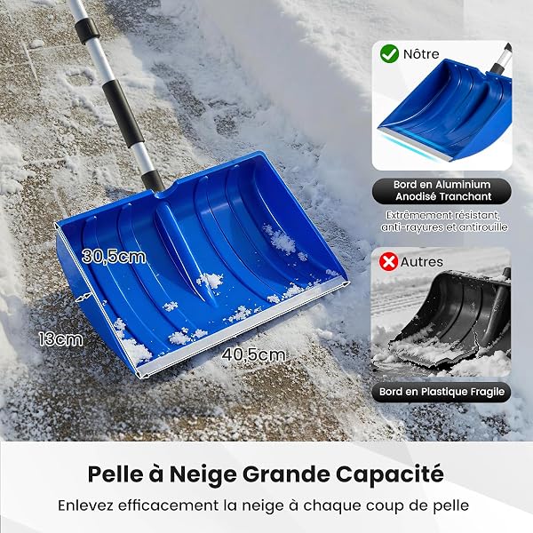 COSTWAY Pelle à Neige Portable, Outil de Déneigement Léger & Robuste avec Poignée Confortable en D, Lame Large avec Bande en Aluminium, Grattoir à Glace d'urgence pour Garage Allée Voiture (Bleu) - 3
