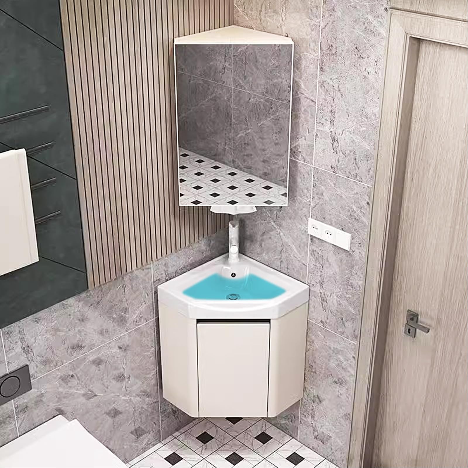 DFGHNBVC Corner Bathroom Vanity Cabinet With Sink Medicine Storage, Wall Mounted Space-Saving Design, Includes 3-Speed Adjustable Pull-Out Faucet For Compact Areas,48Cm/19In