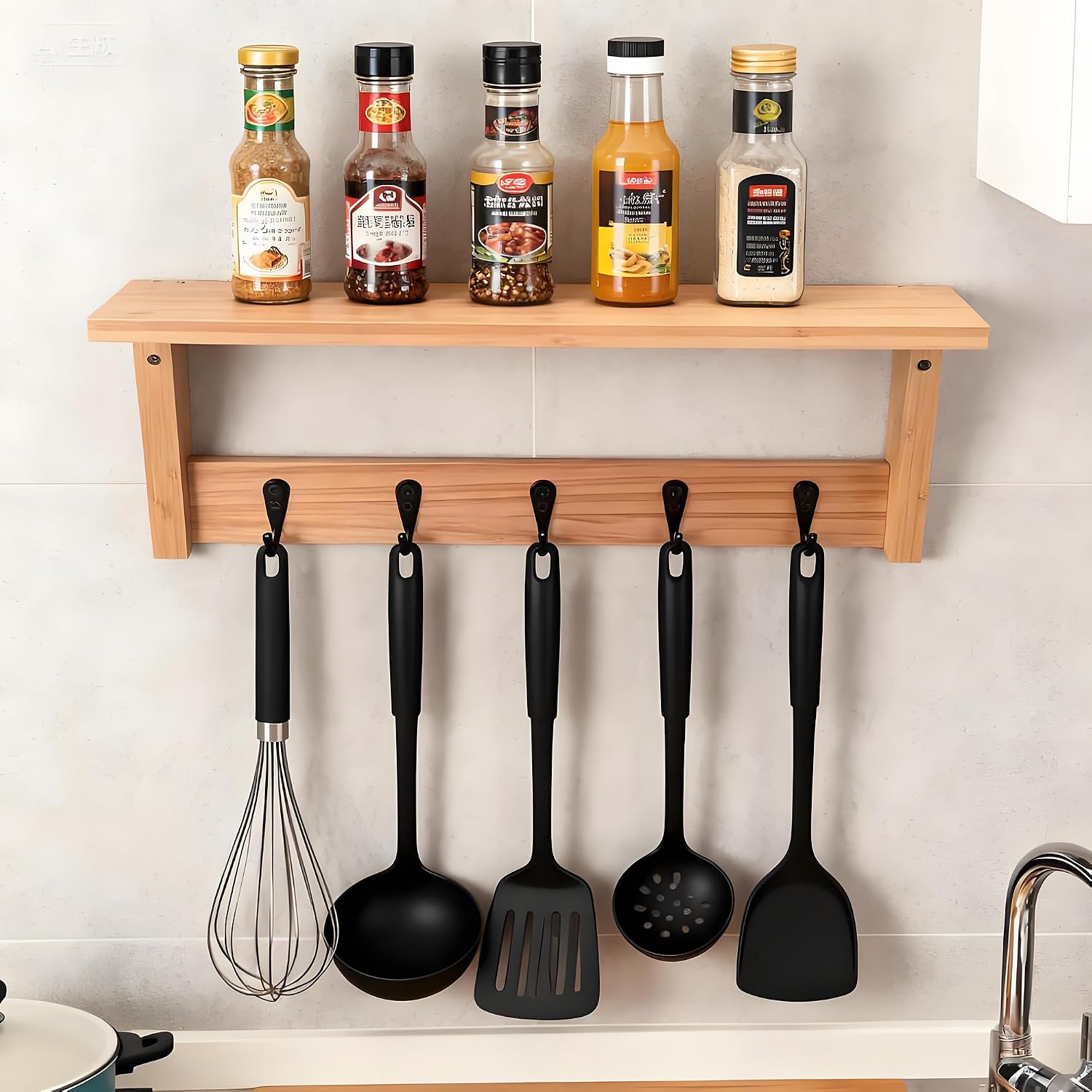 Wall Shelf with Hooks, Multi-Purpose Wooden Shelf & Metal Hooks for Home Entryway, Living Room,Office - Heavy Duty Coat Rack Organizer Hanging Coats, Bags, Key Holder