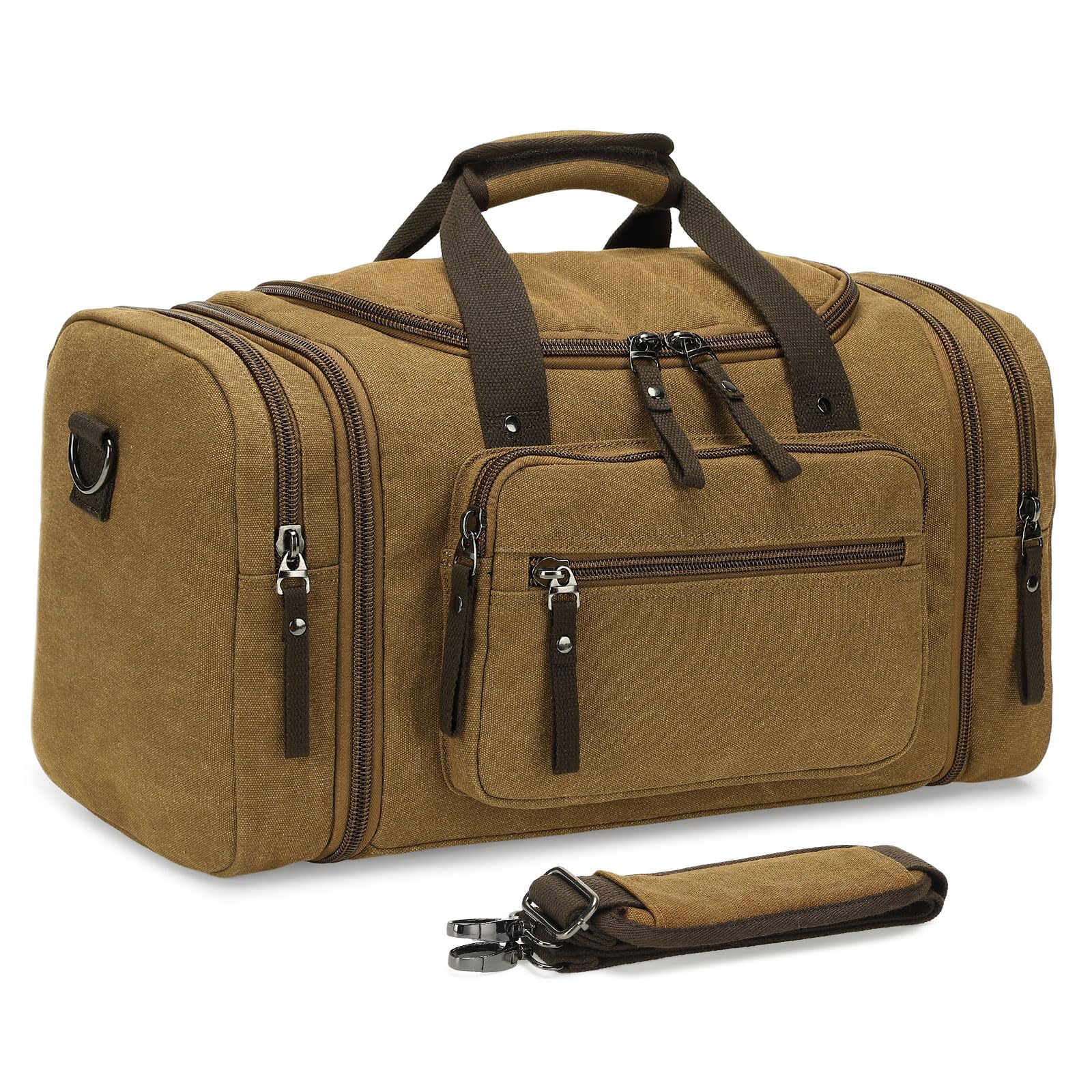 SUIKIHUM Expandable Canvas Duffel 50cm-58cm, Sturdy Zipper and Reinforced Handles, Lightweight Carry-On Weekender Bag for 3-5 Day Trips, Coffee