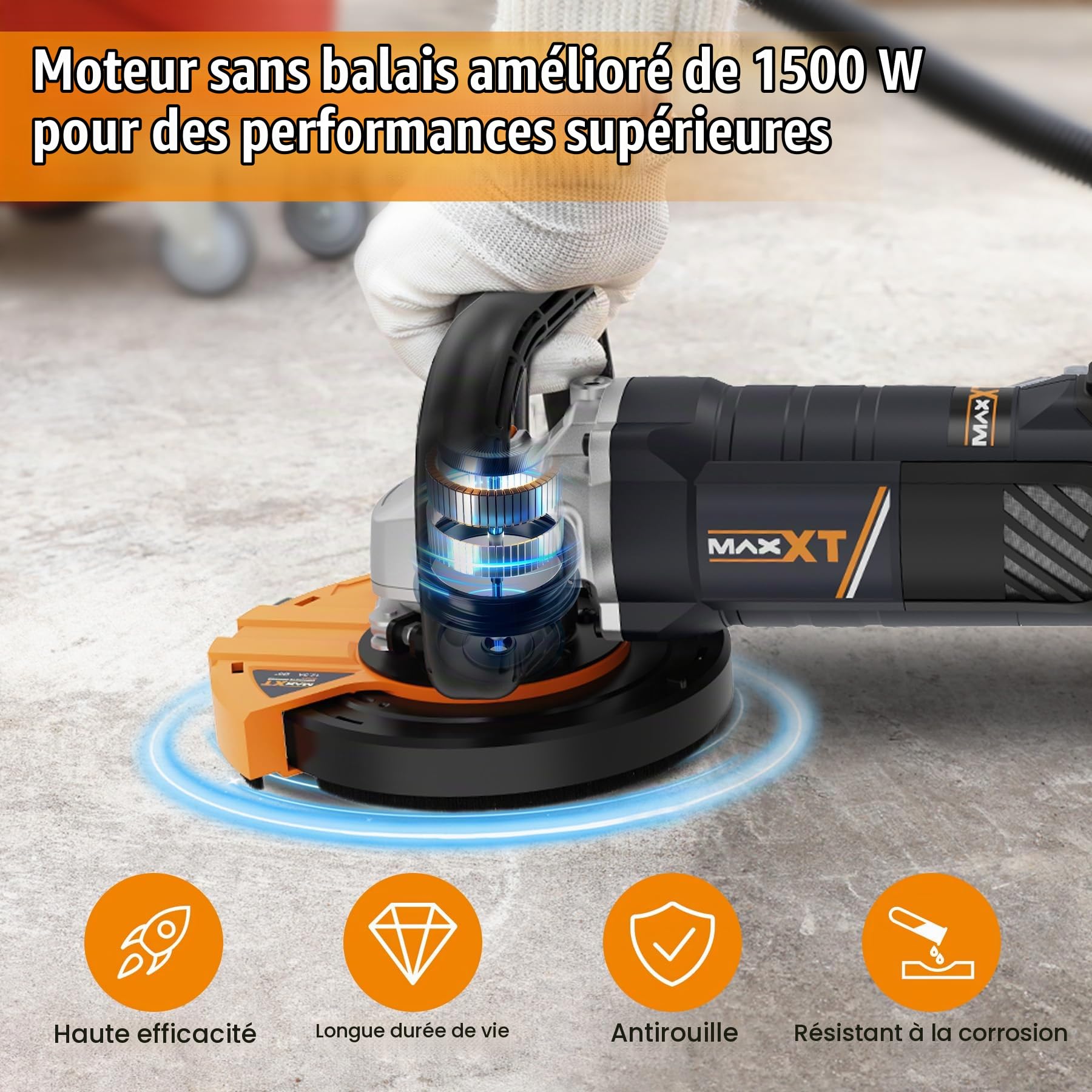 MAXXT Meuleuse d’angle pour béton, ponceuse-meuleuse avec plateau de 5 pouces, 1000–8500 tr/min, 7 vitesses réglables, protection amovible pour le polissage (inclut 2 disques diamantés)