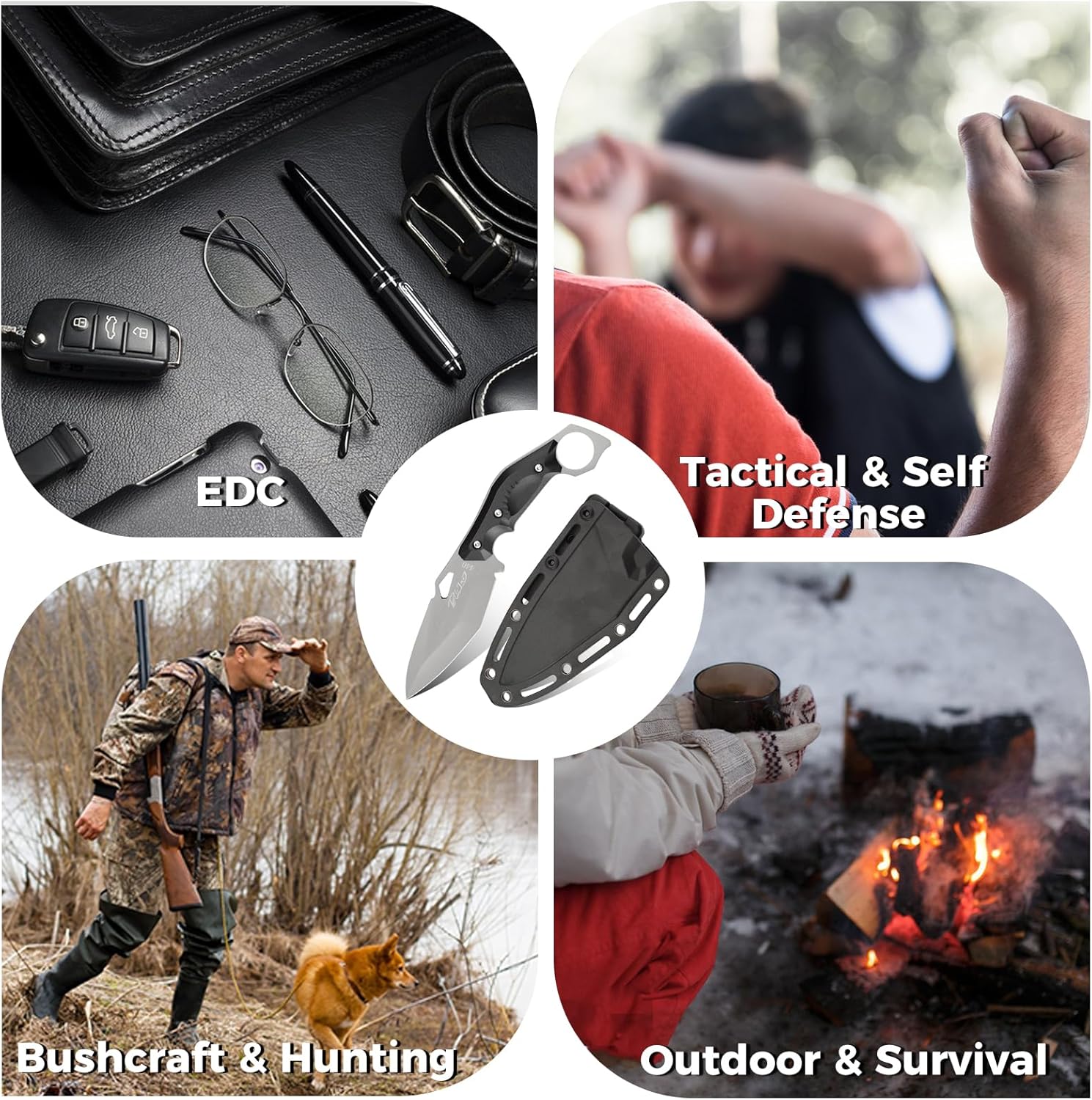 EDC Scout Carry Knife with Finger Loop, 4" 440 Steel Fixed Blade Survival Knife with Kydex Sheath - Ergonomic Handle, Full Tang Karambit Knives for Men - Utility for Hunting, Fishing & Camping