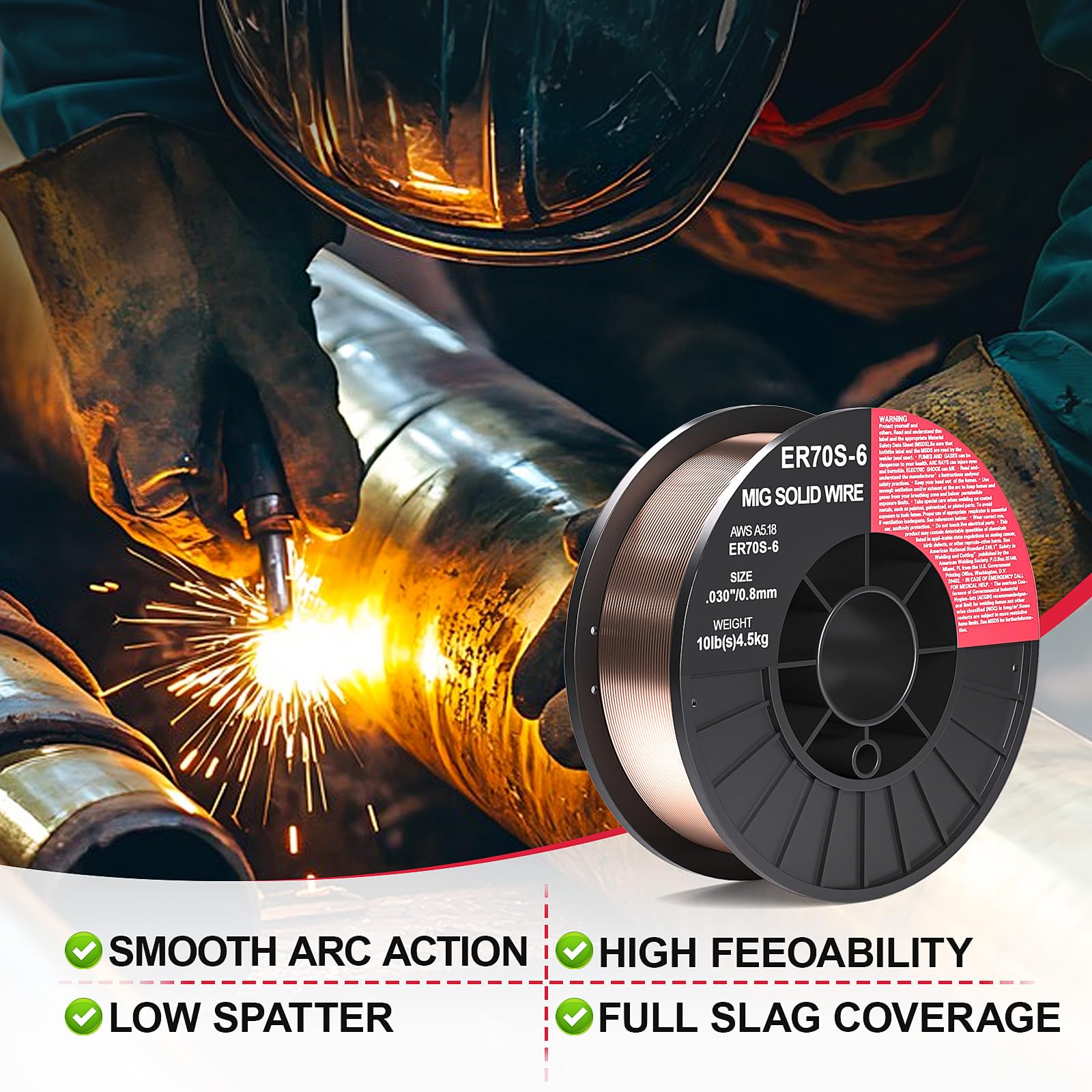 ER70S-6 0,8 mm (0,8 mm) su bobina da 10 libbre in acciaio al carbonio Mig solido filo di saldatura forte bobina di plastica ABS filo di saldatura