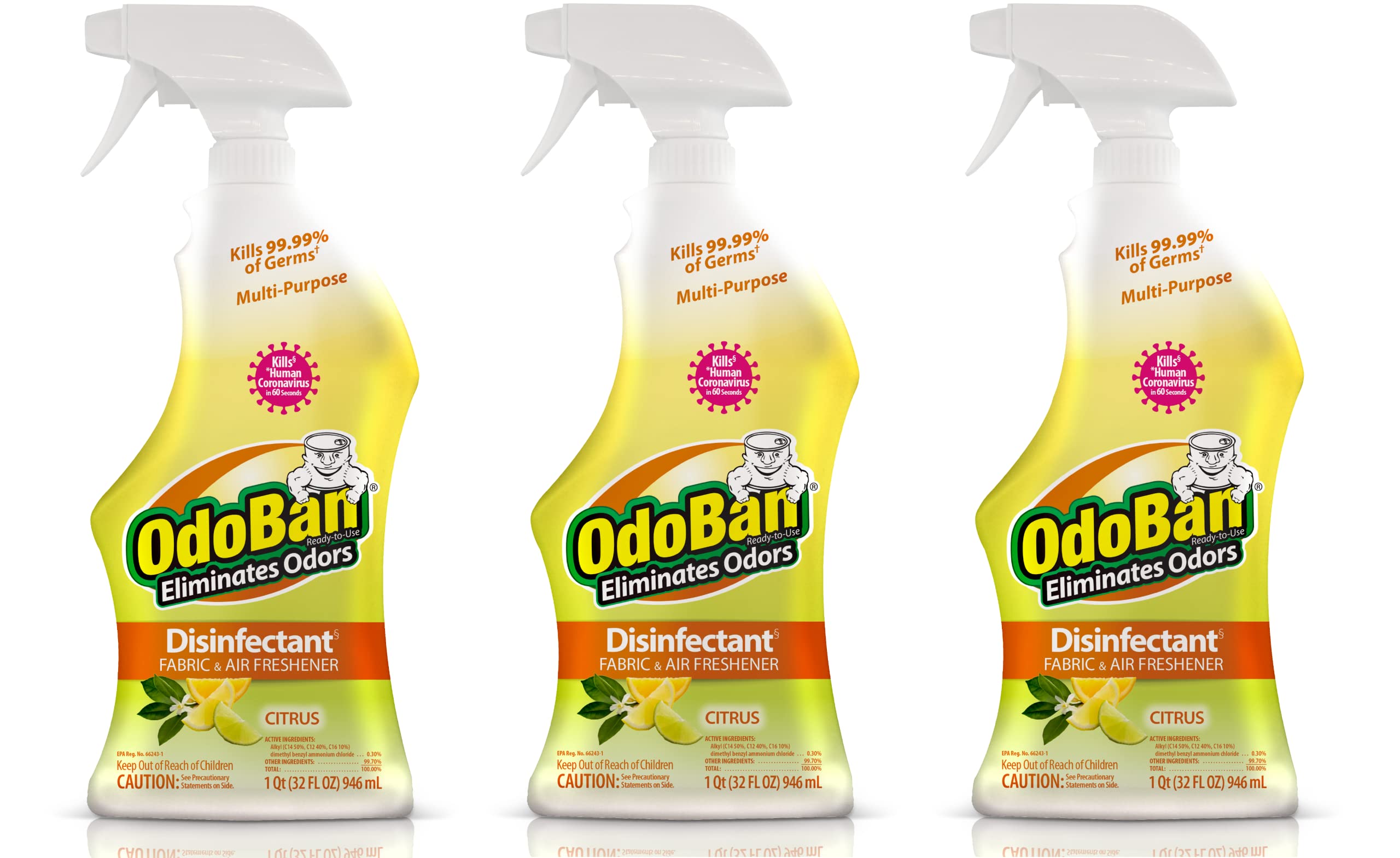 OdoBan Ready-to-Use Disinfectant and Odor Eliminator, Set of 3 Spray Bottles, 32 Ounces Each, Citrus Scent