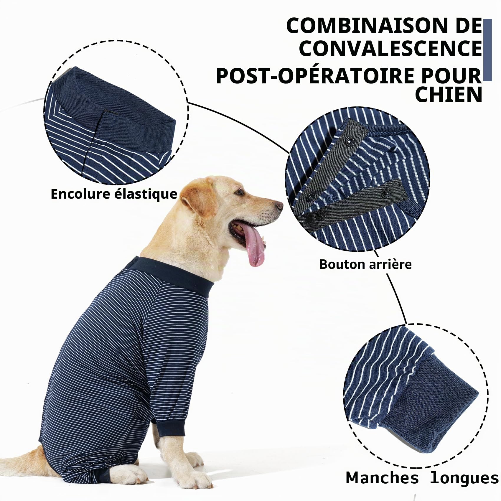 LIANZIMAU Body Chien Post Operatoire Femelle et Mâle à Manches Longues, Anti-léchage Body pour Chien Après Stérilisation Combinaison pour Chiens Moyens à Grands, Alternative Collerette Chiens