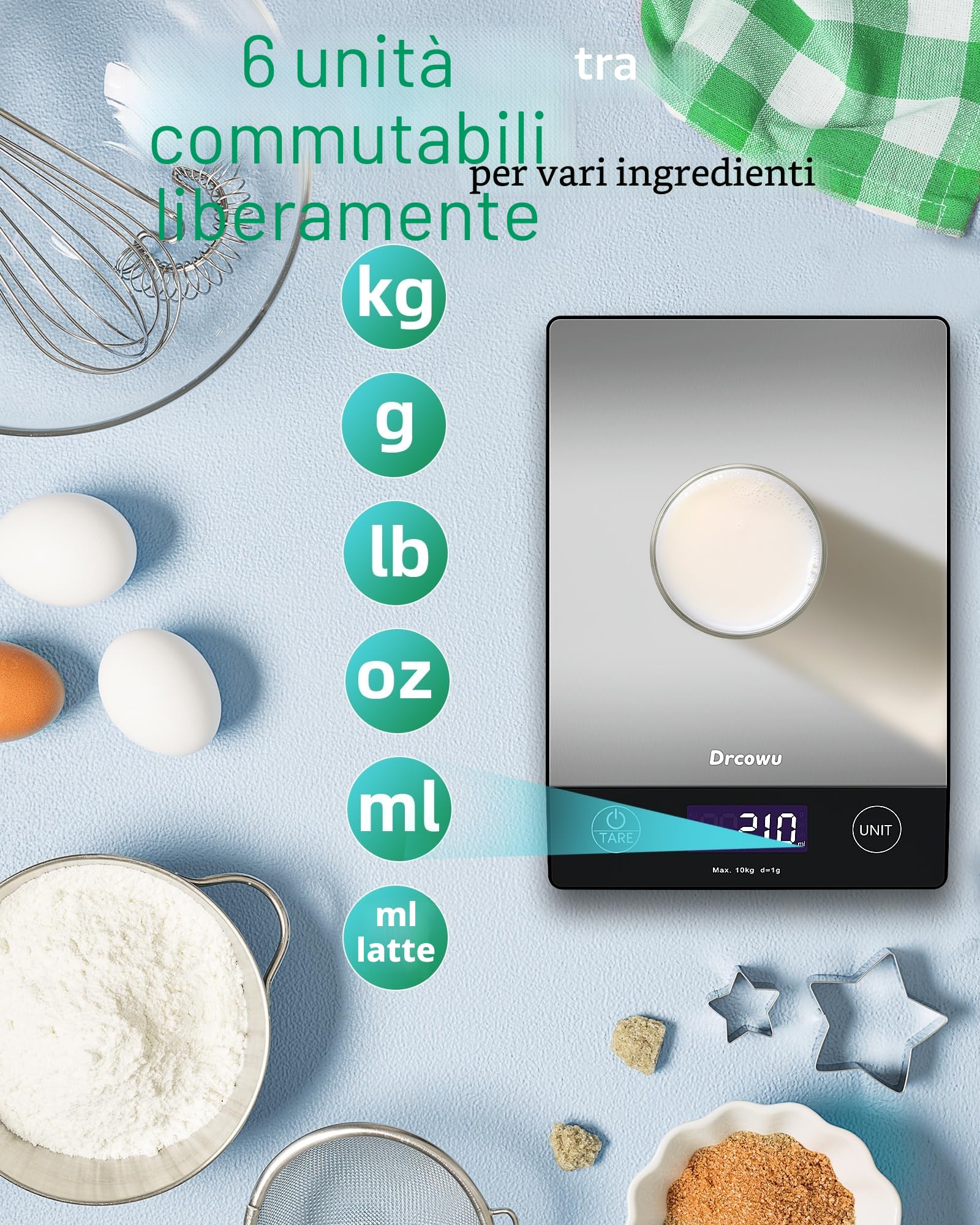 Bilancia Cucina Digitale, 10kg Bilancia da Cucina Professionale, Alta Precisione 1g/0,1oz Pesa Alimenti con Funzione Tare, Display LCD, 6 Unità, Facile da Leggere e da Usare