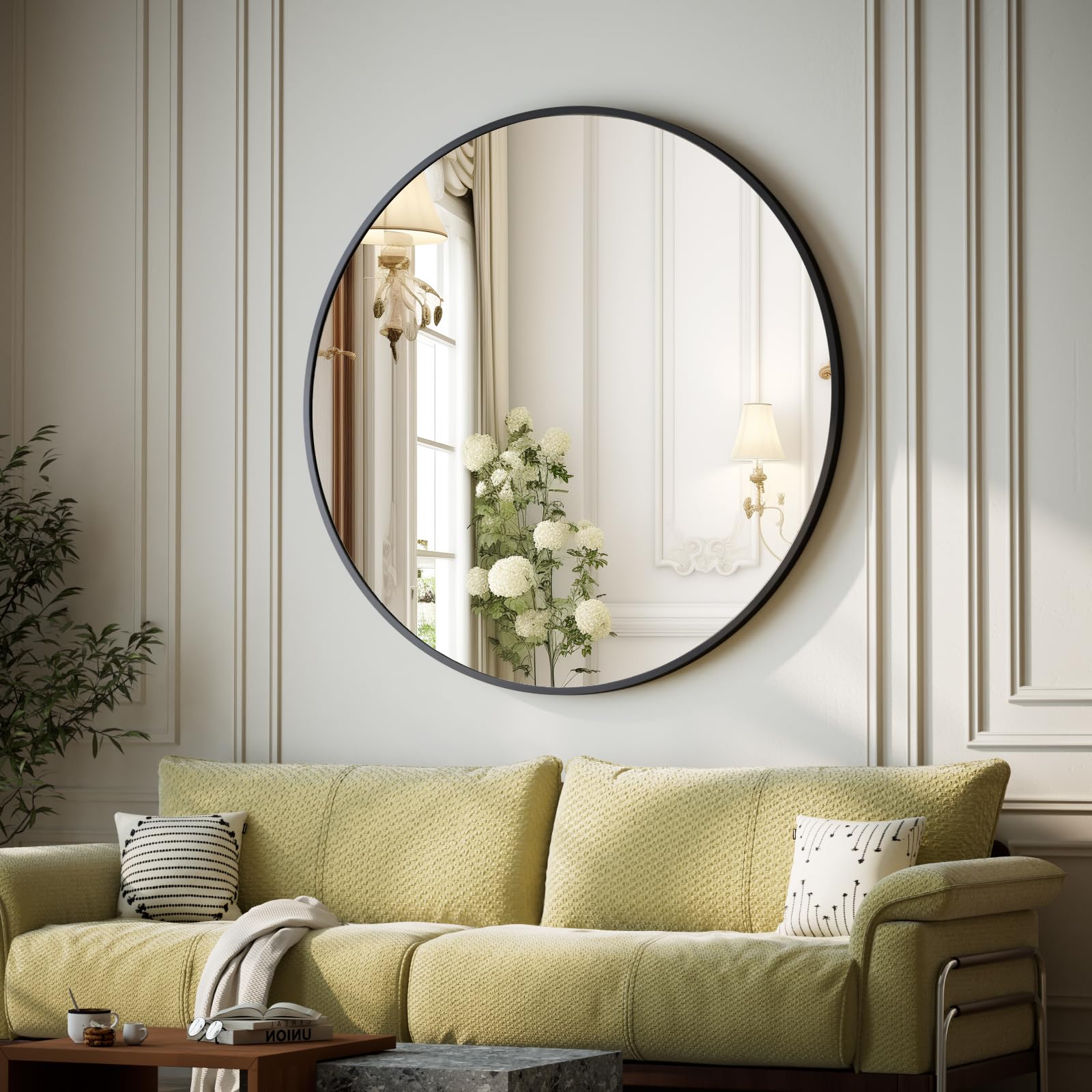 Spiegel Rund Schwarz 122cm, runder Wandspiegel mit Aluminiumrahmen, Einfache Montage, Modern Spiegel zum Aufhängen und Anlehnen für Badezimmer, Wohnzimmer, Schlafzimmer