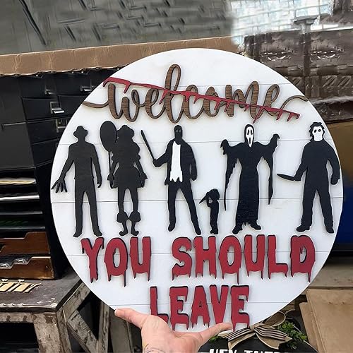 Letrero de bienvenida de terror para puerta delantera, decoración de corona de Halloween para todas las estaciones, decoración de porche aterradora