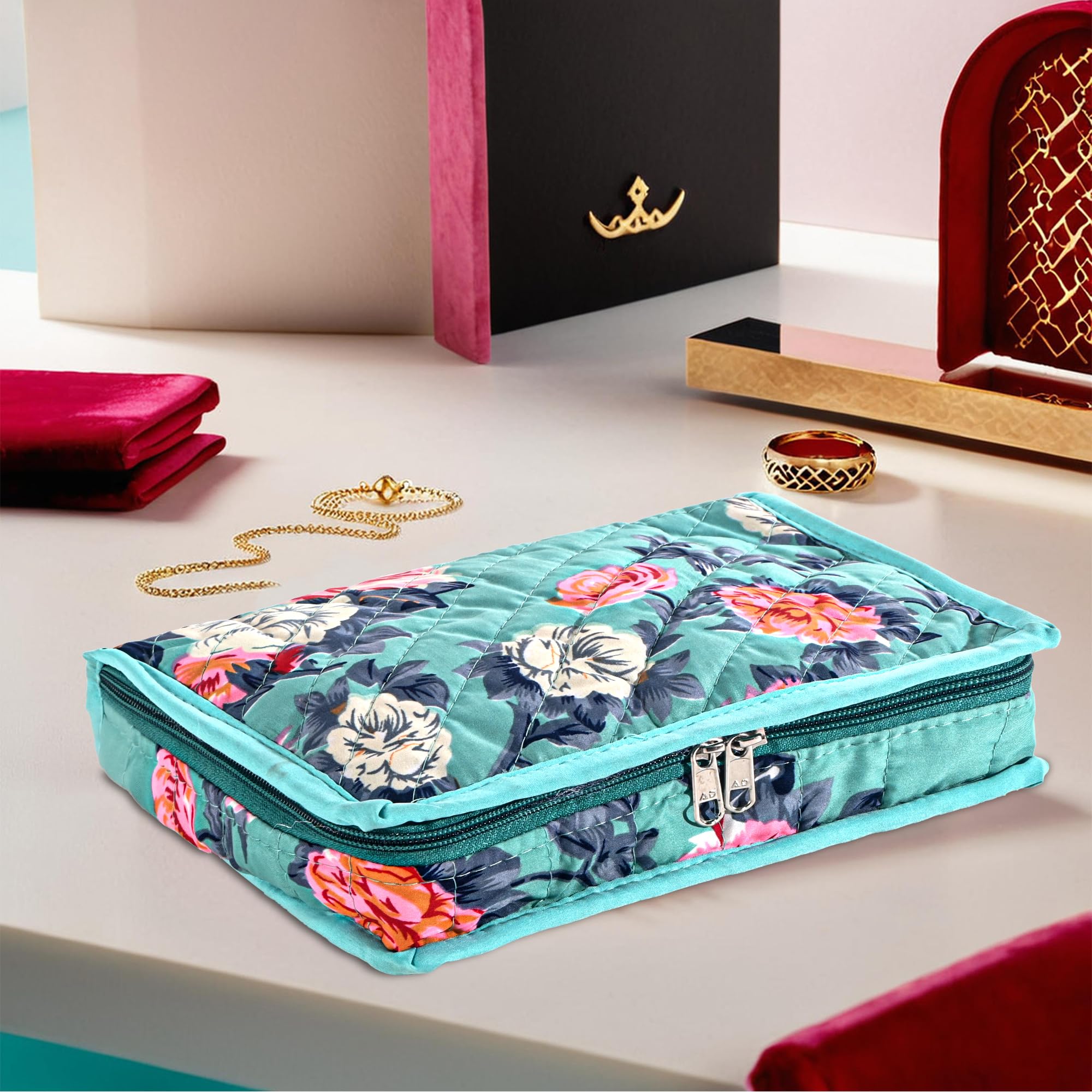 Kuber Industries Cotton Makeup Pouch Bag with 6 Compartments | Jewellery Organisers Pouch for Storage Earrings, Rings and Bracelet | Flower Printed - Green