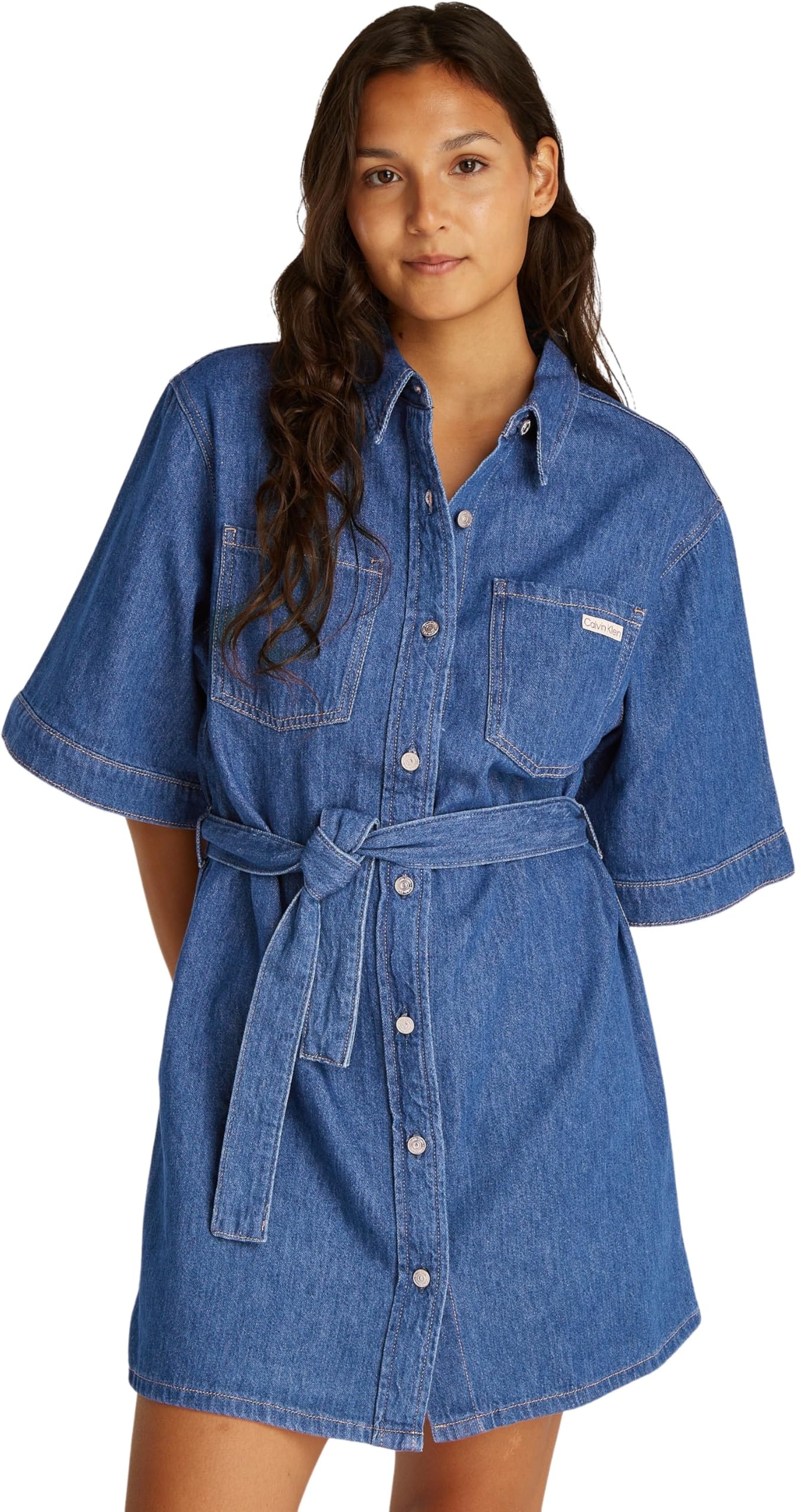 Calvin Klein Damen Hemdkleid Linen Boxy Belted Denim