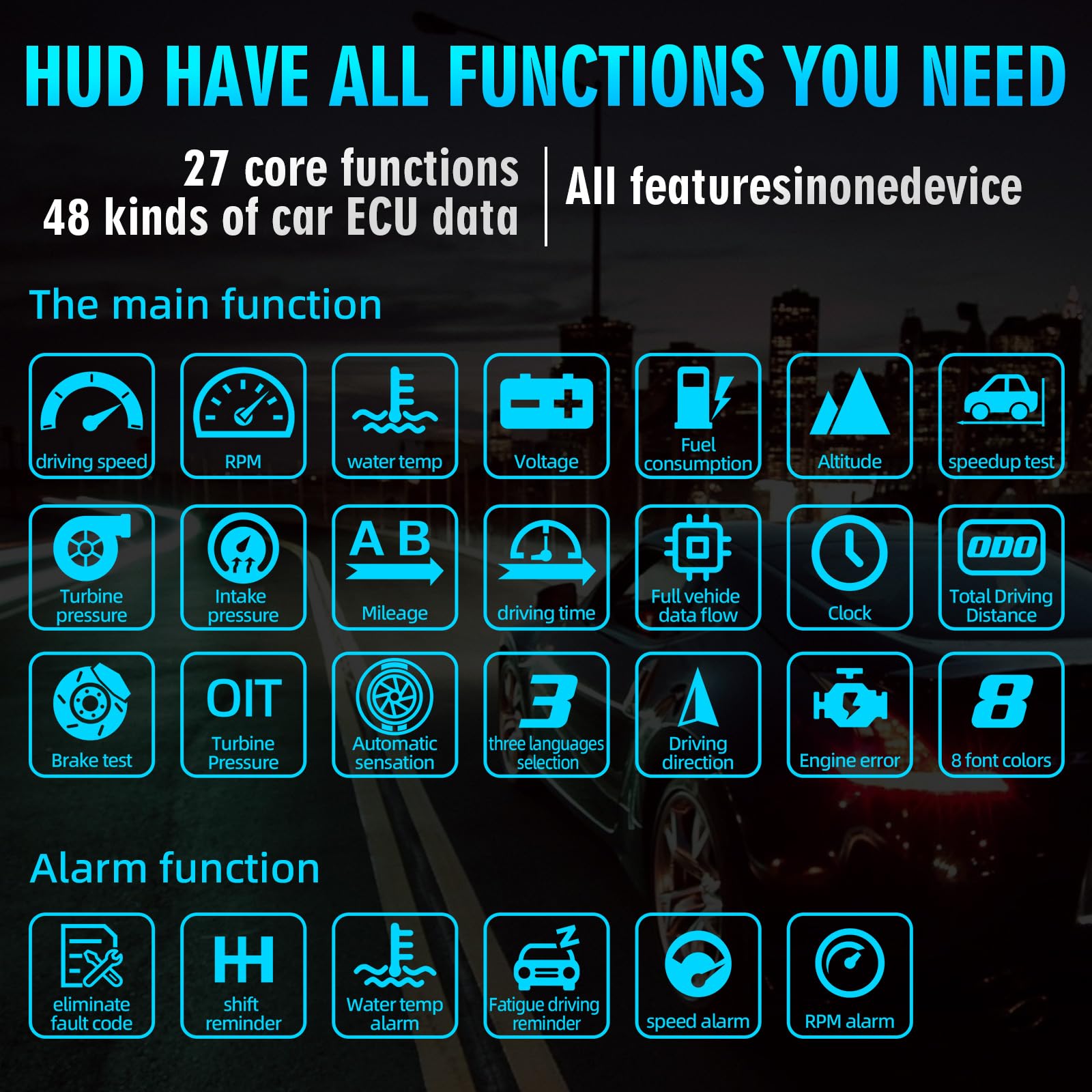 OBD2 Head-Up-Display für Auto – OBD2 & GPS Dual system|Digitaler Autotacho (HUD KMH-Projektor) mit Drehzahlmesser, Wassertemperatur (TEM), PSI, Volt, Kilometerstand & 4 Alarmfunktionen