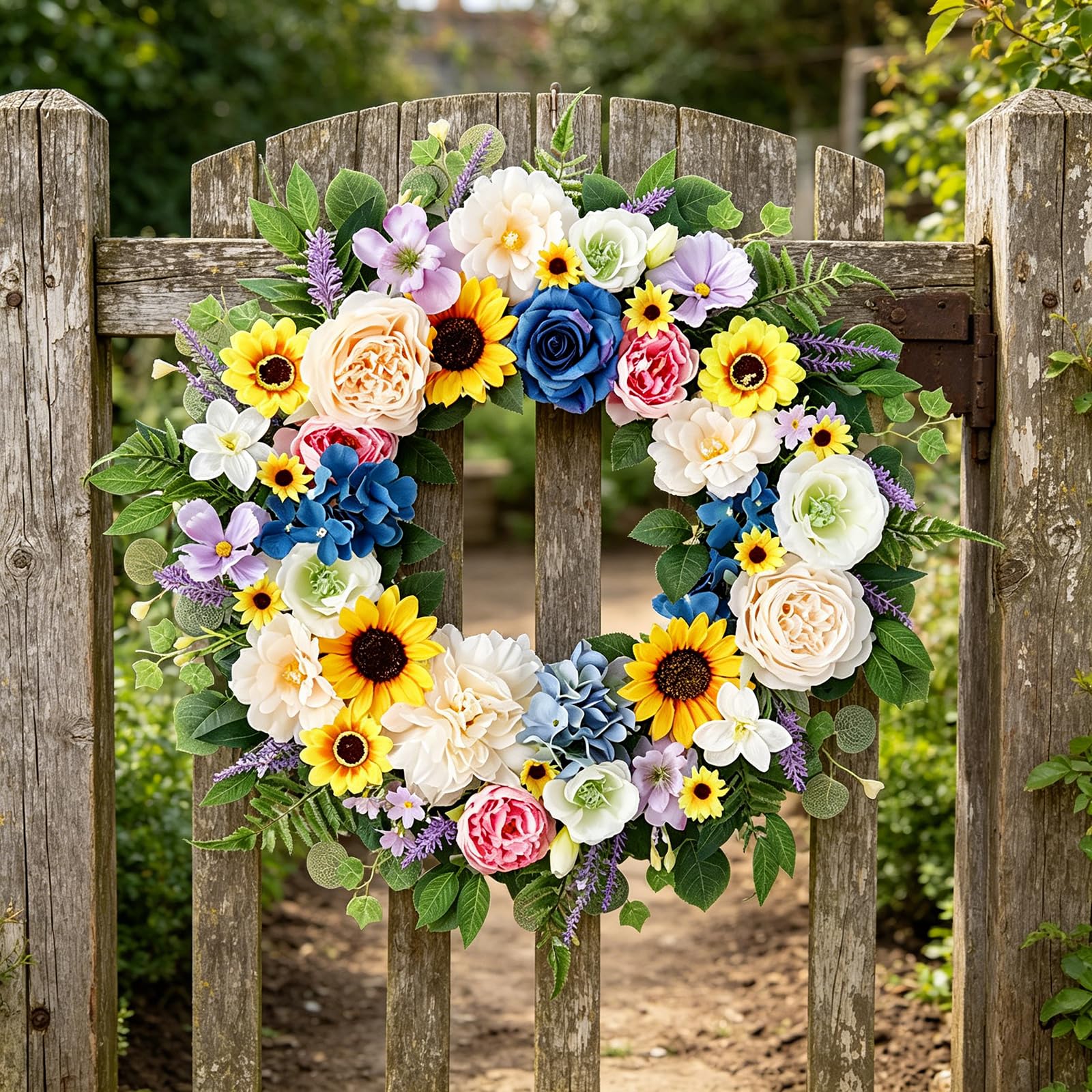 Corona de flores artificiales de 55 x 55 cm, resistente a la intemperie, corona de primavera para boda, día de la madre, decoración interior y exterior, fiesta para colgar en la pared