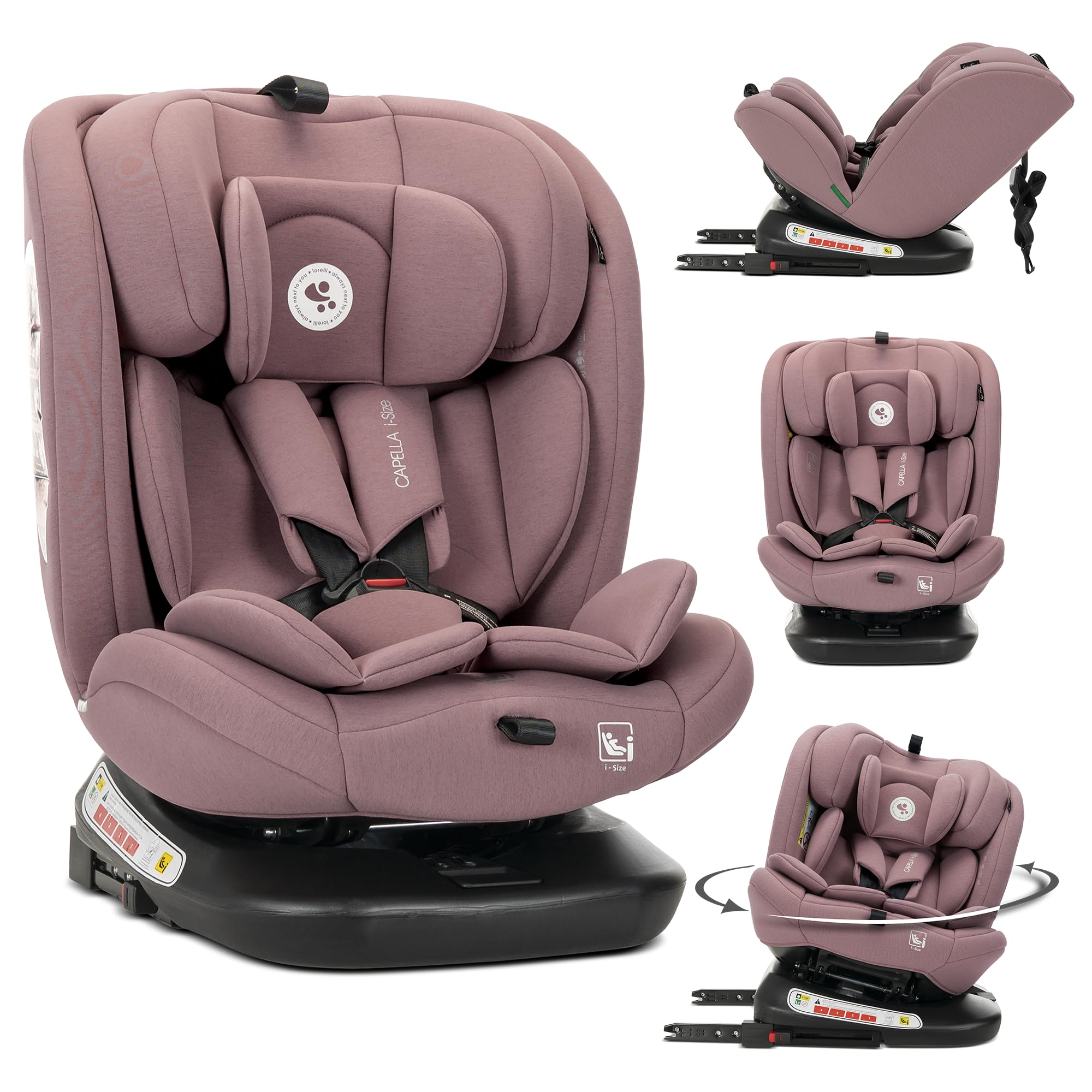 Lorelli Kindersitz drehbar 360 Grad i-Size 40-150cm mit Isofix, Mitwachsender Baby Autositz Capella, Gruppe 0+/1/2/3, 0-12 Jahre, 0-36 kg, Auto Babysitz ab Geburt, 5-Punkt-Gurt, Rosa