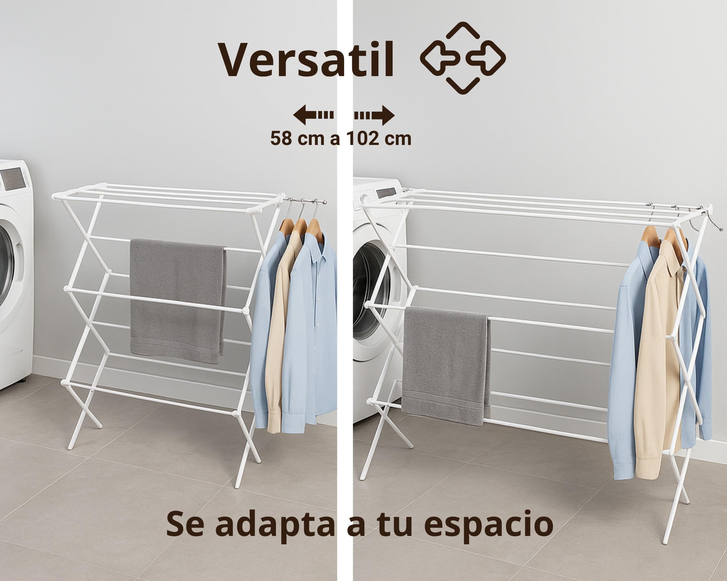 Tendedero Metálico Extensible y Plegable para Ropa | 58–102 x 41,5 x 105,5 cm | 2 Brazos para Perchas | Secar Camisas, Toallas y Prendas Largas | Compacto y Robusto | Blanco