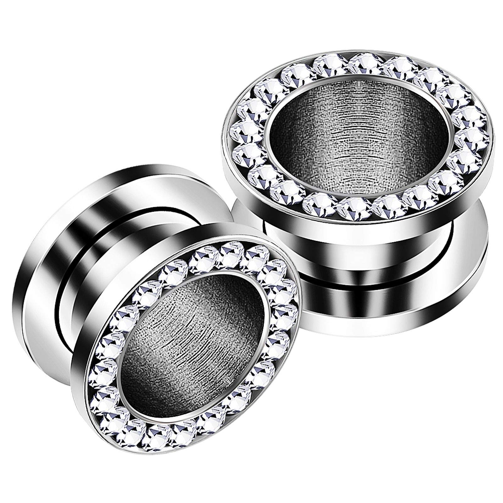 KJM FASHION2PCS Stainless Steel Flesh Clear Crystal Studded Rim Gauge Earring Tunnel Ear Lobe Stretcher Piercing Jewelry Choose Sizes