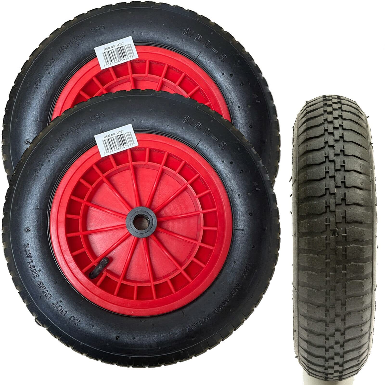 Y Homeware Red, Black Yorkshire Homeware 14" Pneumatic 3.50-8 Wheelbarrow Wheel Pneumatic Sack Truck Trolley Wheel Puncture Proof Tyre Complete For Garden Trolley Barrow Trailer Truck Red & Black (2)