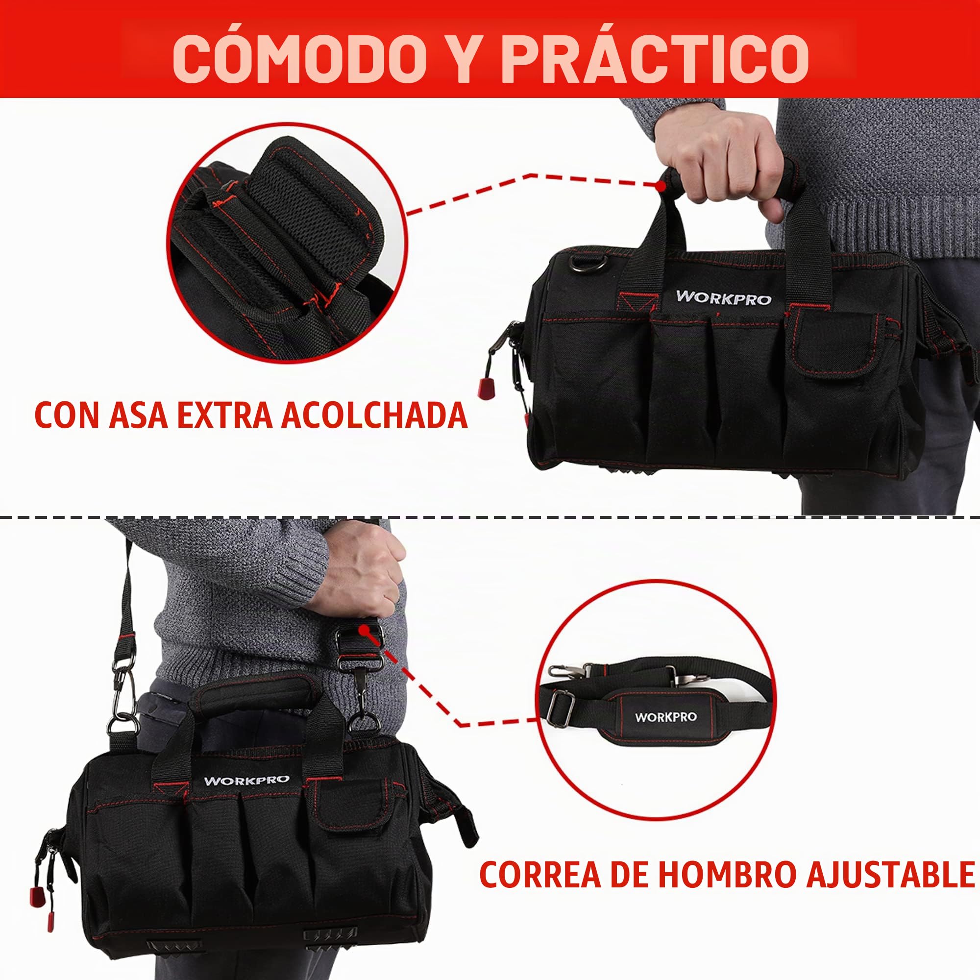 WORKPRO Bolsa de Herramientas 30 x 18 x 20 cm, Bolsa de Transportse Universal, 7 Bolsillos Exteriores, Amplia Apertura de Cremallera, Correa de Hombro Ajustable, para Almacenamiento de Herramientas