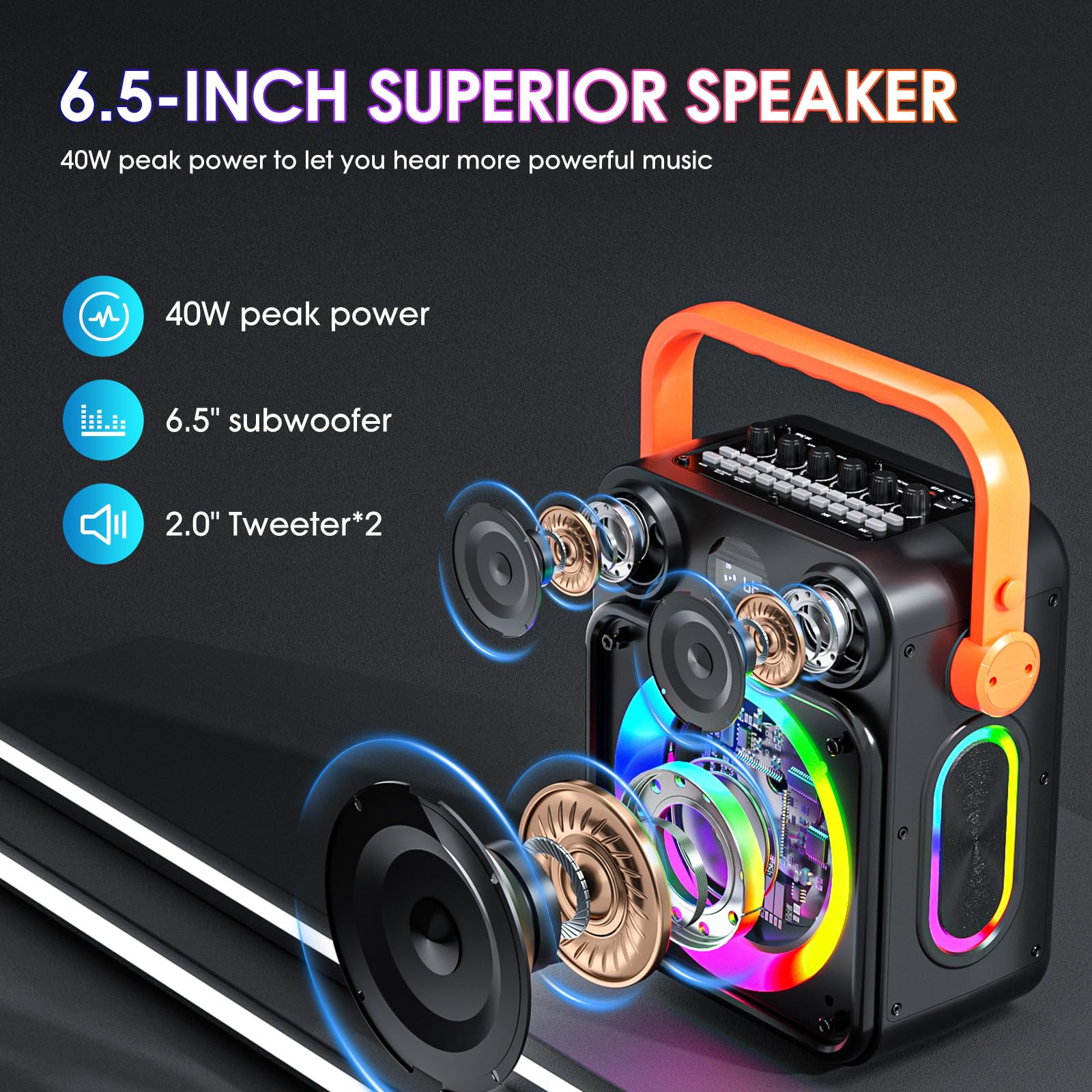 Karaoke-Maschine für Erwachsene, tragbarer Bluetooth-Karaoke-Lautsprecher mit zwei kabellosen Mikrofonen, 3,7-V-Lautsprecher, unterstützt TWS, TF-Karte/USB, AUX-Eingang, REC, Bass und Höhen für