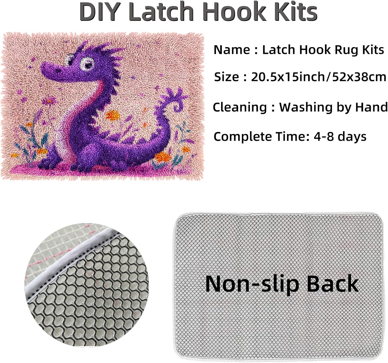 Generic DIY Latch Hook Rug Kit - Cartoon Dragon and Flower - 52x38cm - Adults & Kids - Non-Slip Mat - Crocheting Yarn Hook & Latch Embroidery Tapestry - Home Floor Decor & Pet Warm Cushion