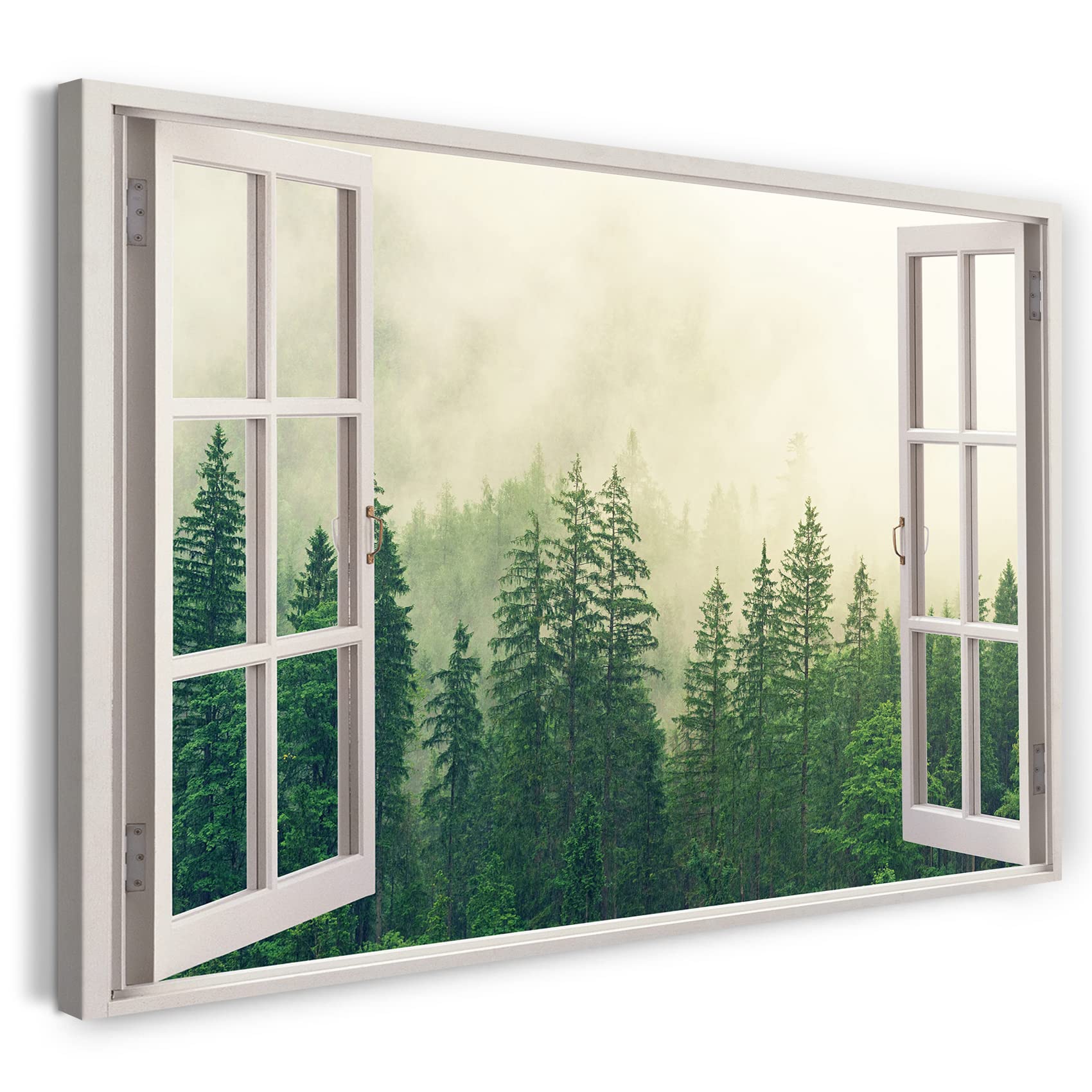 Print on Canvas (120x80 cm) view from the window - forest fog conifers nature - nature photography, real wood frame with hook
