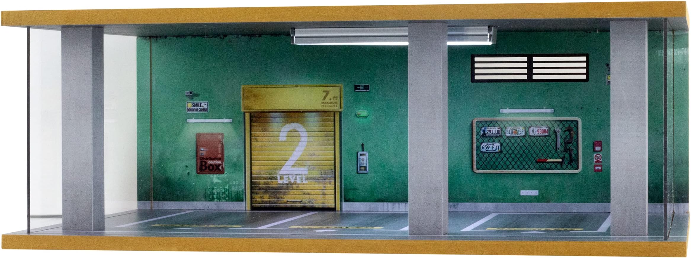 1/24 Scale Die-cast Car Diorama Display Case with Clear Acrylic Cover and LED Lighting for Diecast Model Cars, Lego Speed Champions Cars, Green Wall Style