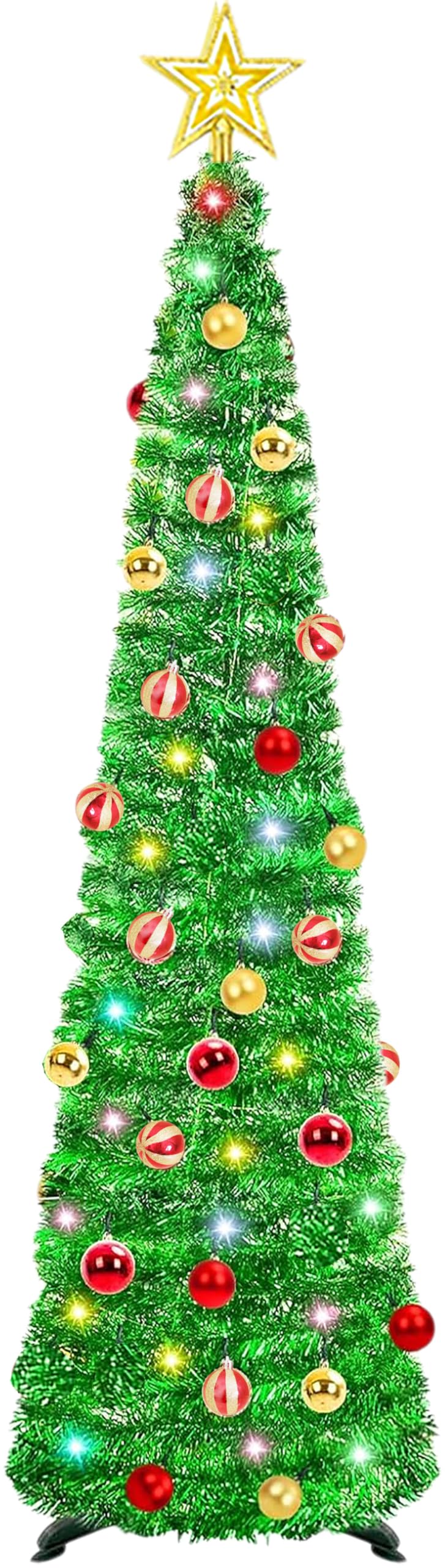Árbol de Navidad artificial con iluminación, 150 cm Árbol de Navidad plegable desplegable con 100 luces de colores, estrella del árbol y bolas para decoración navideña y suministros de fiesta