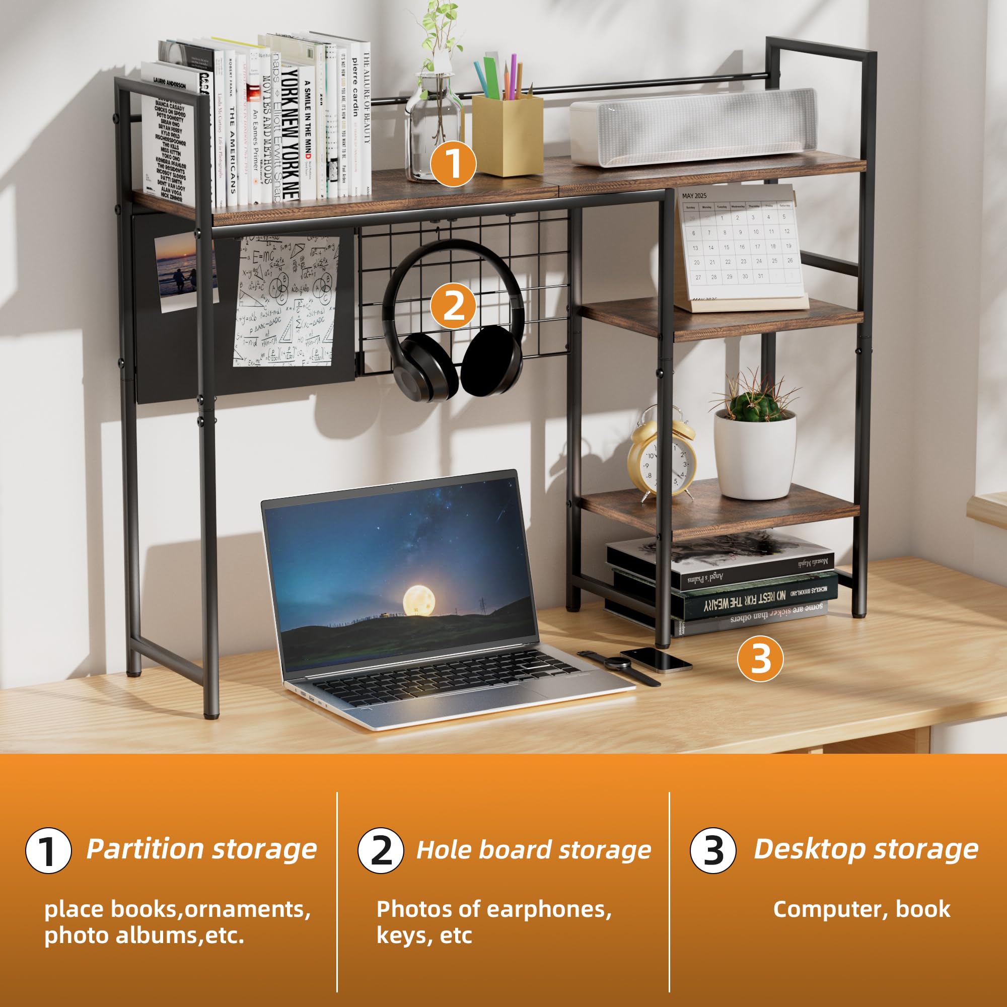 Schreibtisch-Bücherregal, 3-stöckig, 97,8 cm, Schreibtisch-Organizer, Regal und Computer-Monitorständer, dunkelbraun