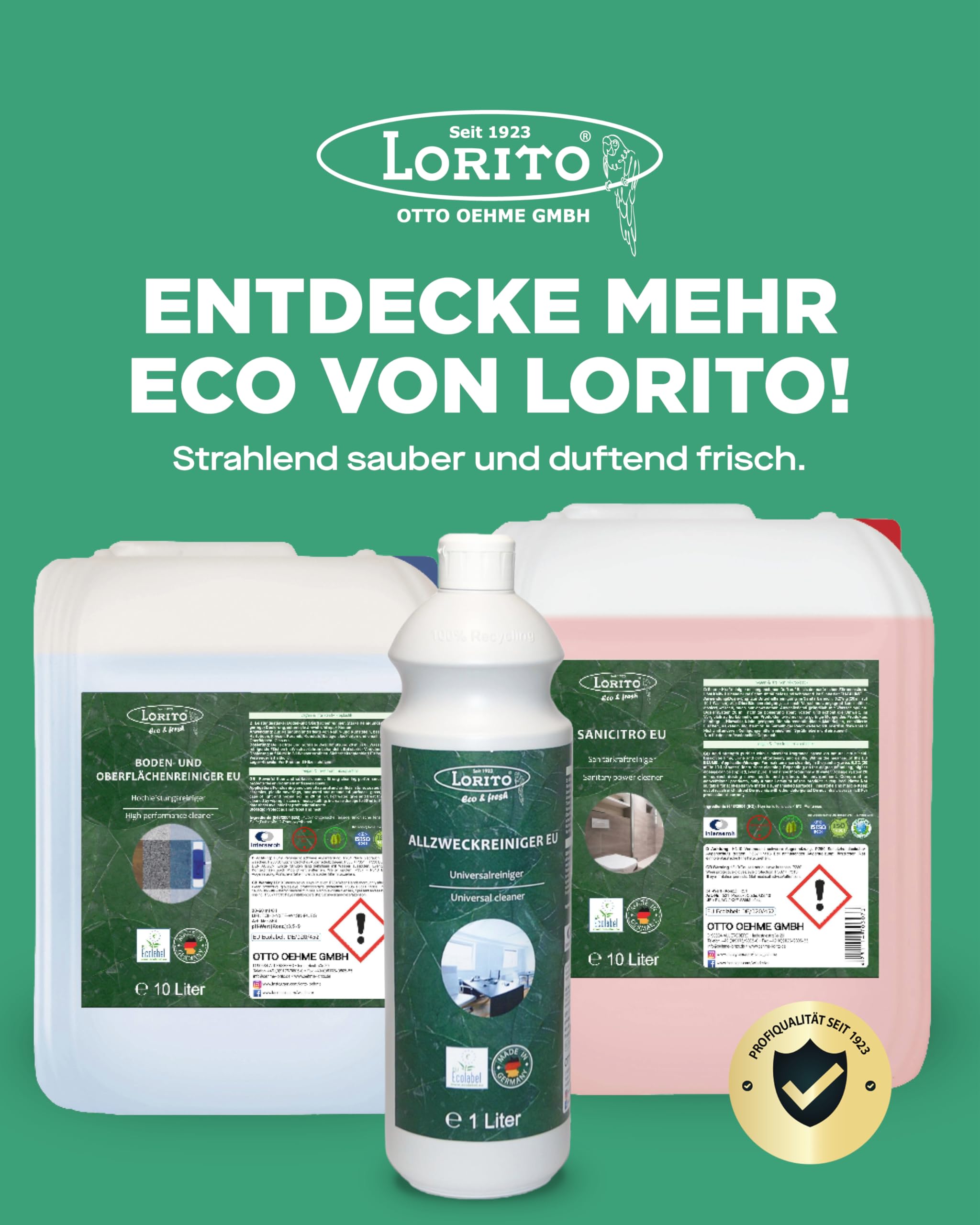Lorito Allzweckreiniger Konzentrat 12 x 1L | Allesreiniger zertifiziert mit dem EU-Ecolabel, Reinigungsmittel für Edelstahl, Fliesen, Laminat und PVC, Made in Germany