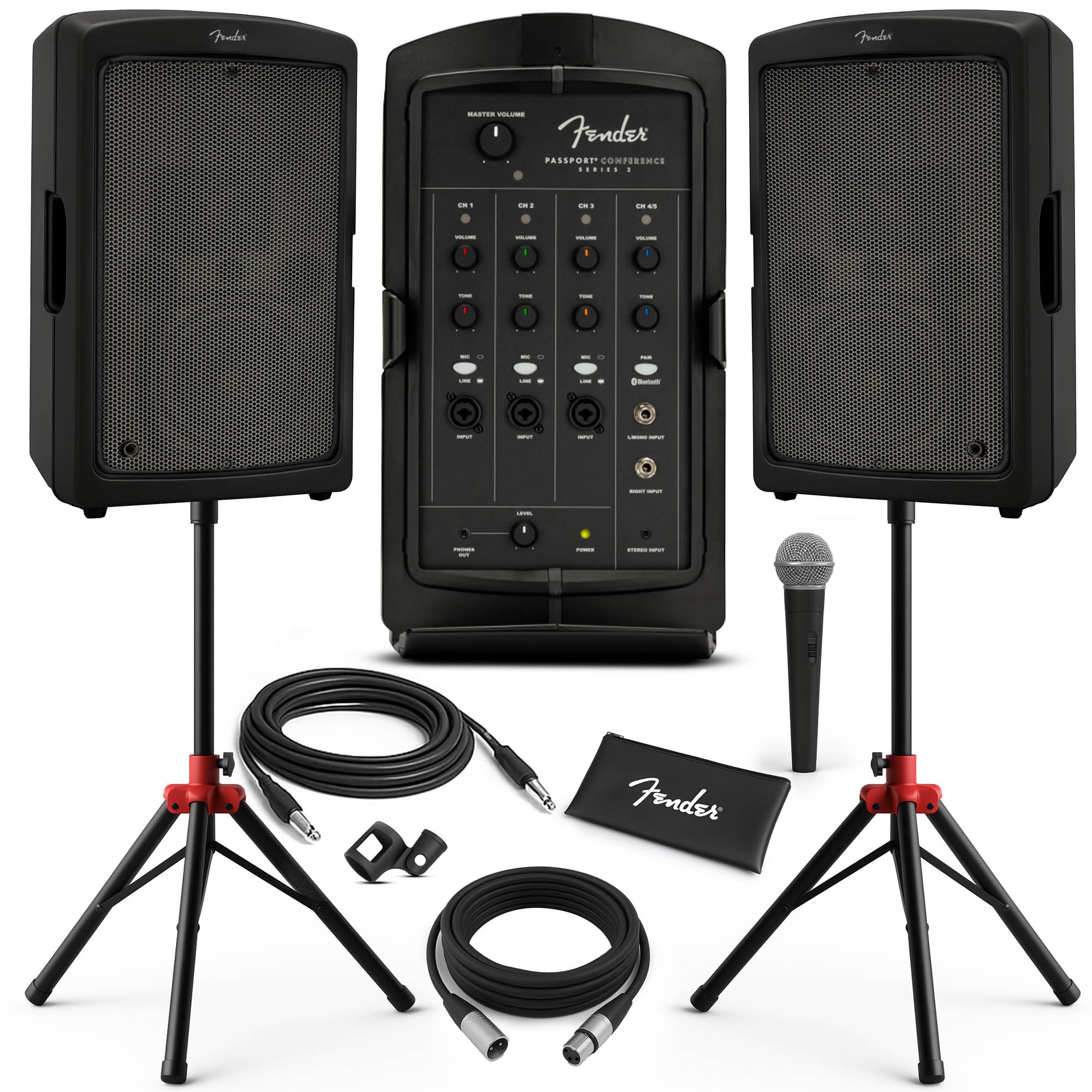 Fender Passport Conference S2 Portable PA System Bundle with Microphone, Compact Speaker Stands, XLR Cable, and Instrument Cable