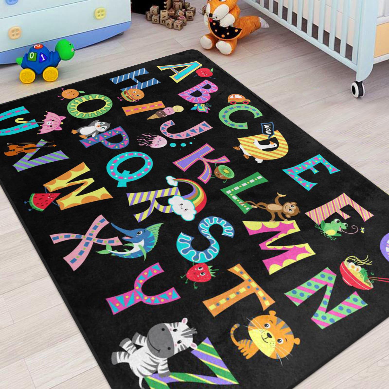 ABC Alphabet Rug, Classroom Playmat Rugs - 5x7 Ft Kids Carpet with Rubber Backing, Colorful Cartoon Letters Kids Play Mat Nursery Rugs for Bedroom