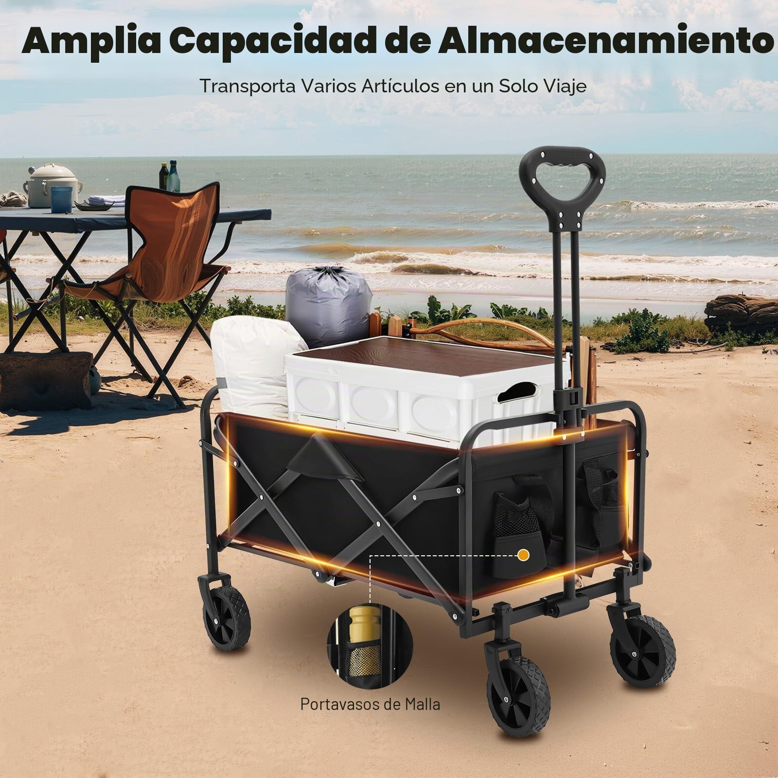 Carro plegable de hasta 80 kg – Carro de transporte con 2 soportes para copas para playa, jardín, camping y compras (ligero y resistente, negro)