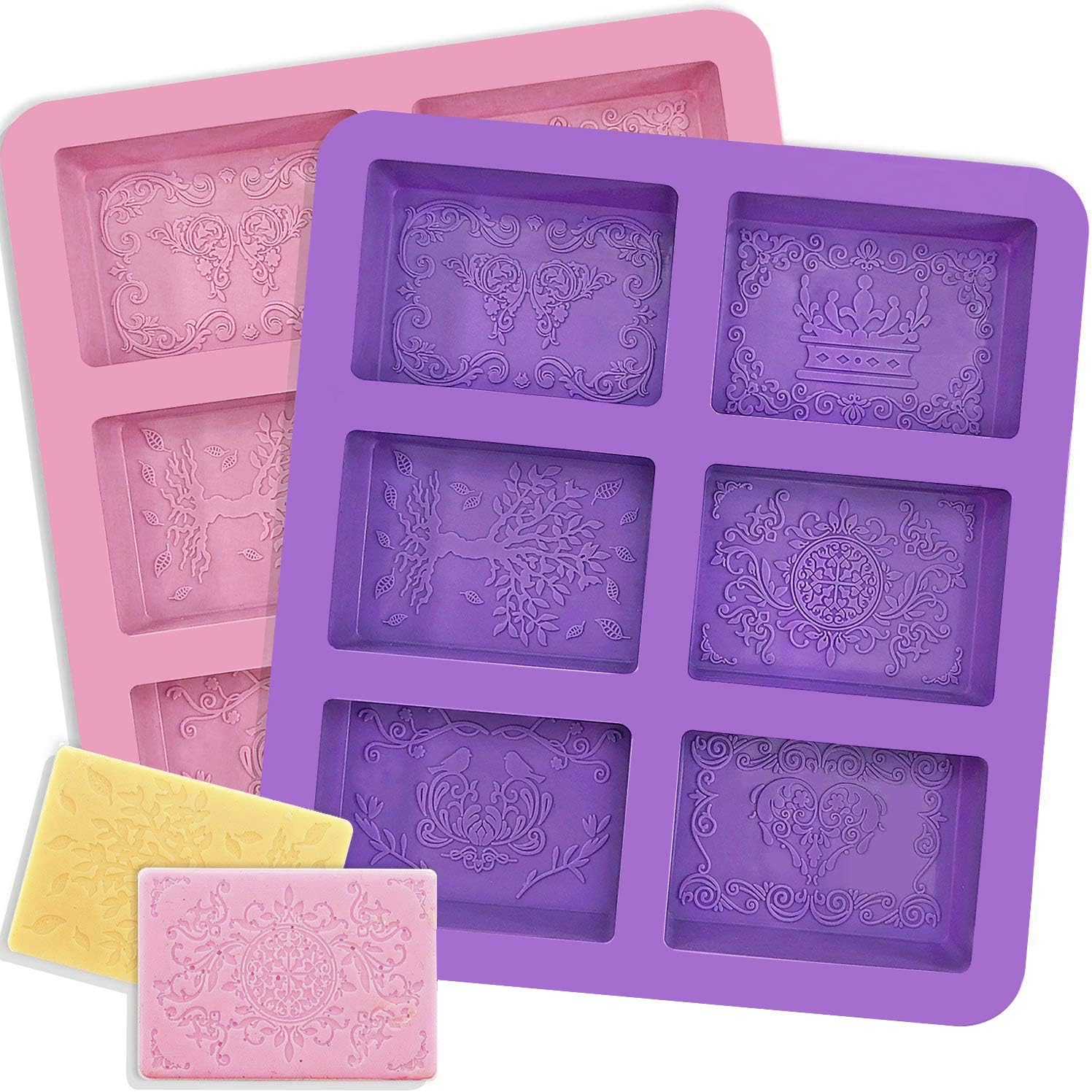 YGEOMER Rectangle Silicone Soap Molds, 2pcs 6 Cavities Molds, 12 Mixed Patterns, for Making Soaps, Ice Cubes