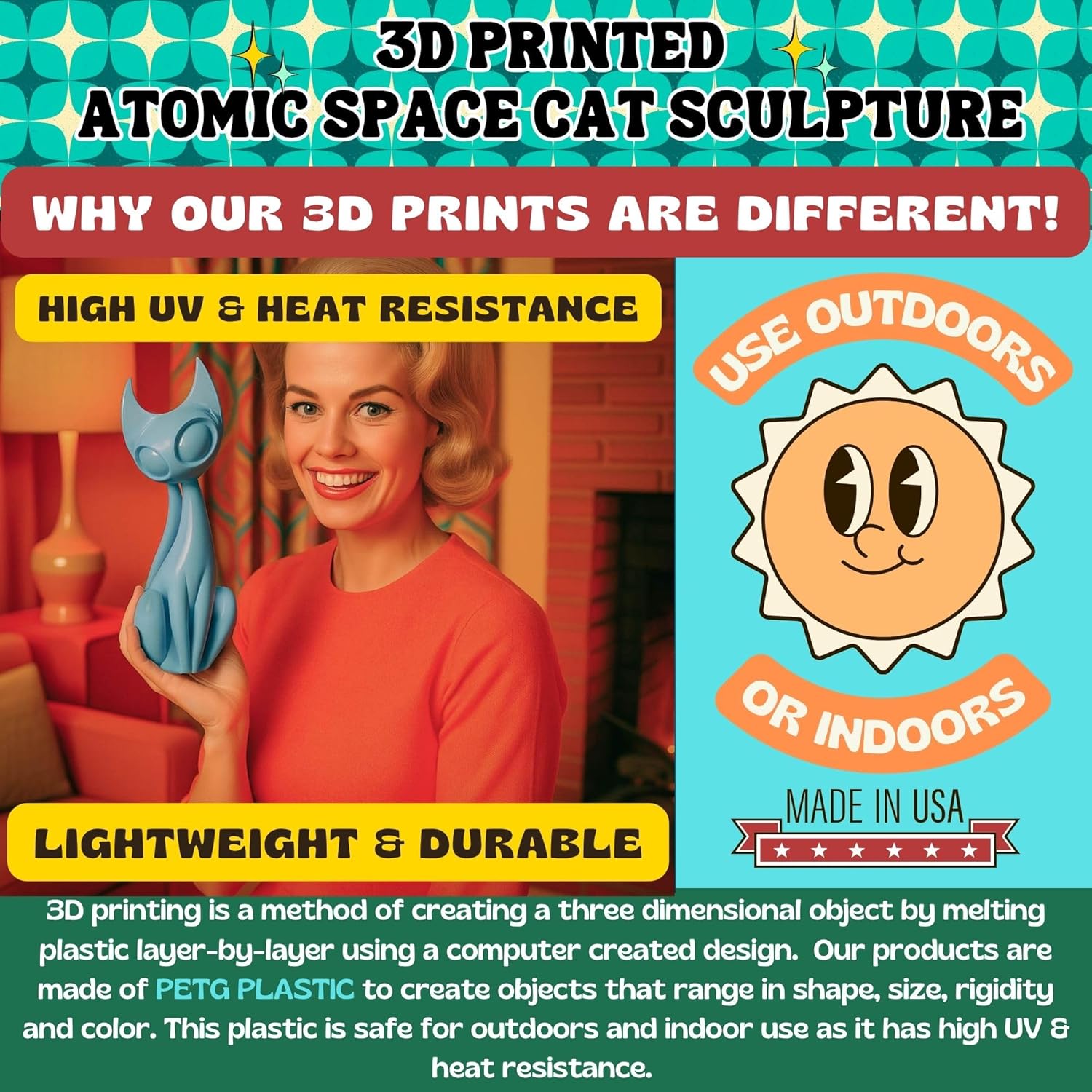 Atomic Cat Sculpture 9.7" Retro Mid-Century Modern Art Decor MCM MidMod Gift Plastic Custom Colors Made in USA Space Age Vintage Inspired (Silver)