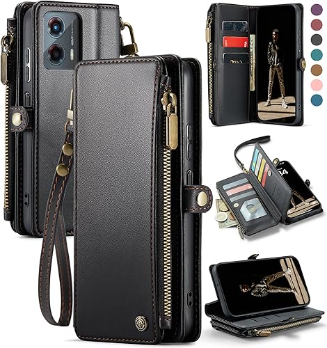 Defencase Funda compatible con Moto G 5G 2023, con bloqueo RFID, compatible con Motorola Moto G 5G 2023 a la moda, correa de muñeca con cremallera,