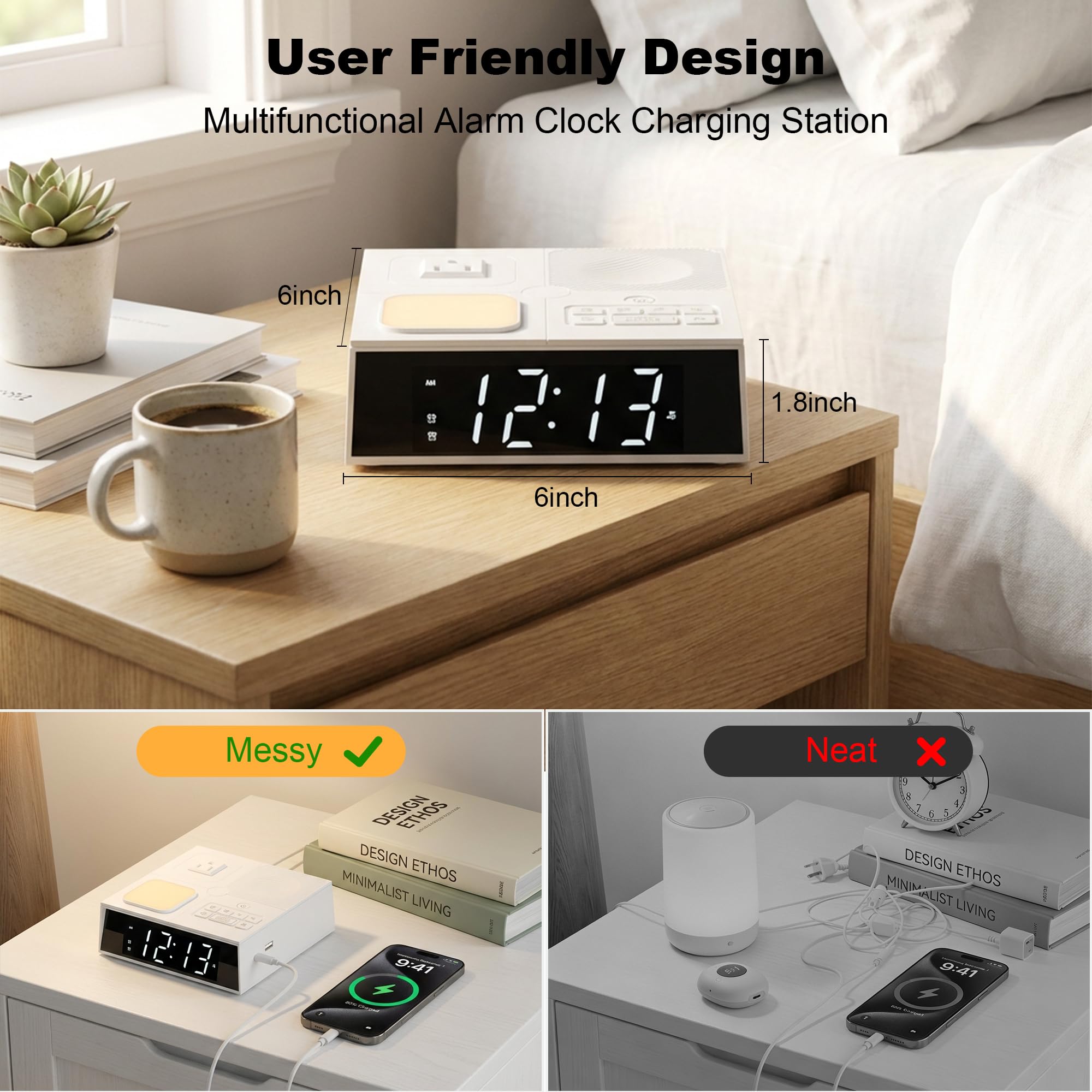 Sveglia con caricatore USB e prese AC, orologio digitale per chi dorme pesante, adulti, bambini e ragazzi, stazione di ricarica da comodino (luce notturna e musica per dormire)