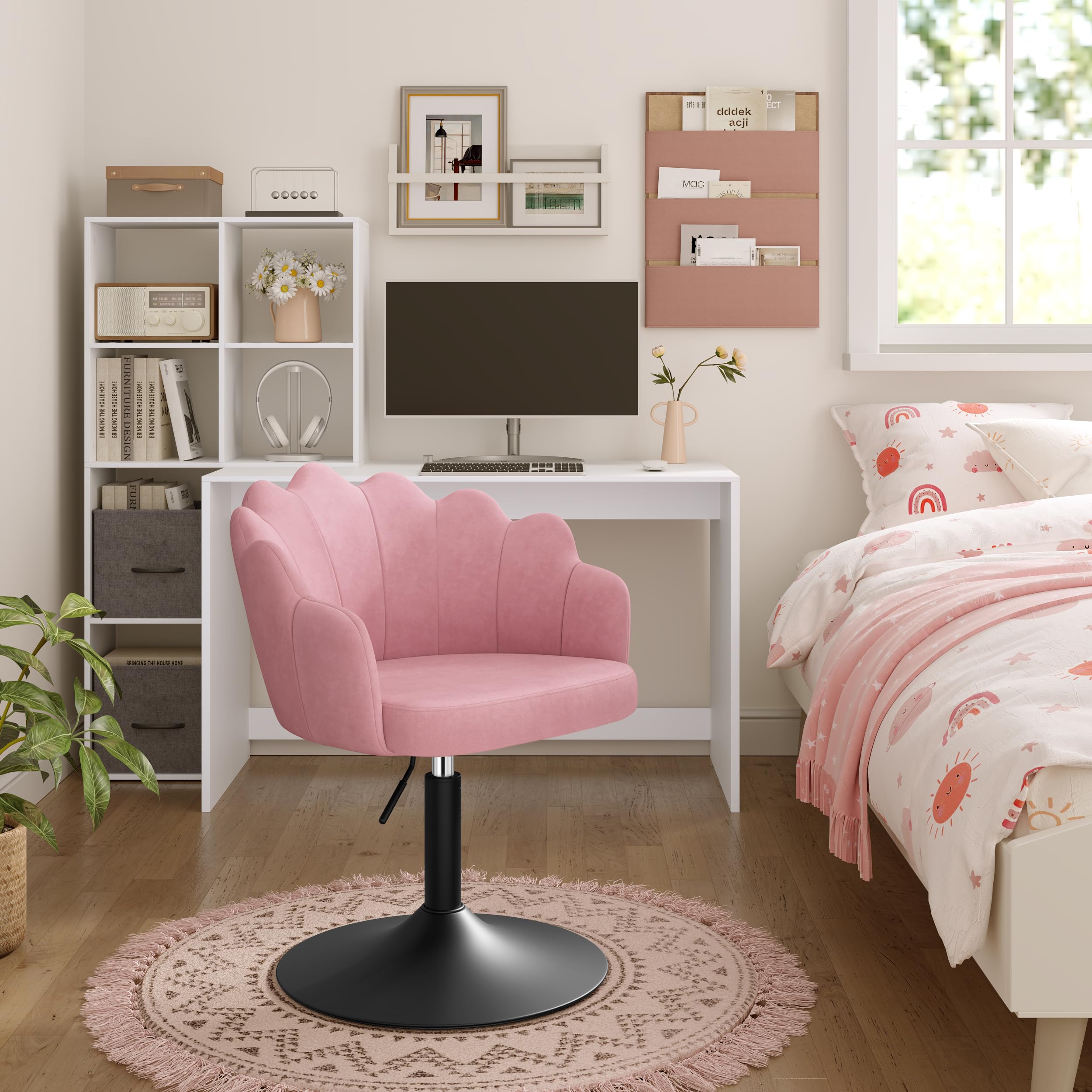 WOLTU Taburete de Tocador con Respaldo Pétalo en Terciopelo, Rosa | Altura Ajustable, Giratorio, para Tocador, Dormitorio, Oficina en Casa y Salón