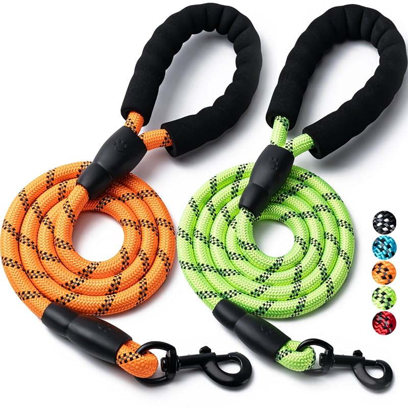 Guia para cães em corda de nylon com alça acolchoada e refletiva BOOMIBOO, 1,22 m, Orange/Green, Pacote com 2