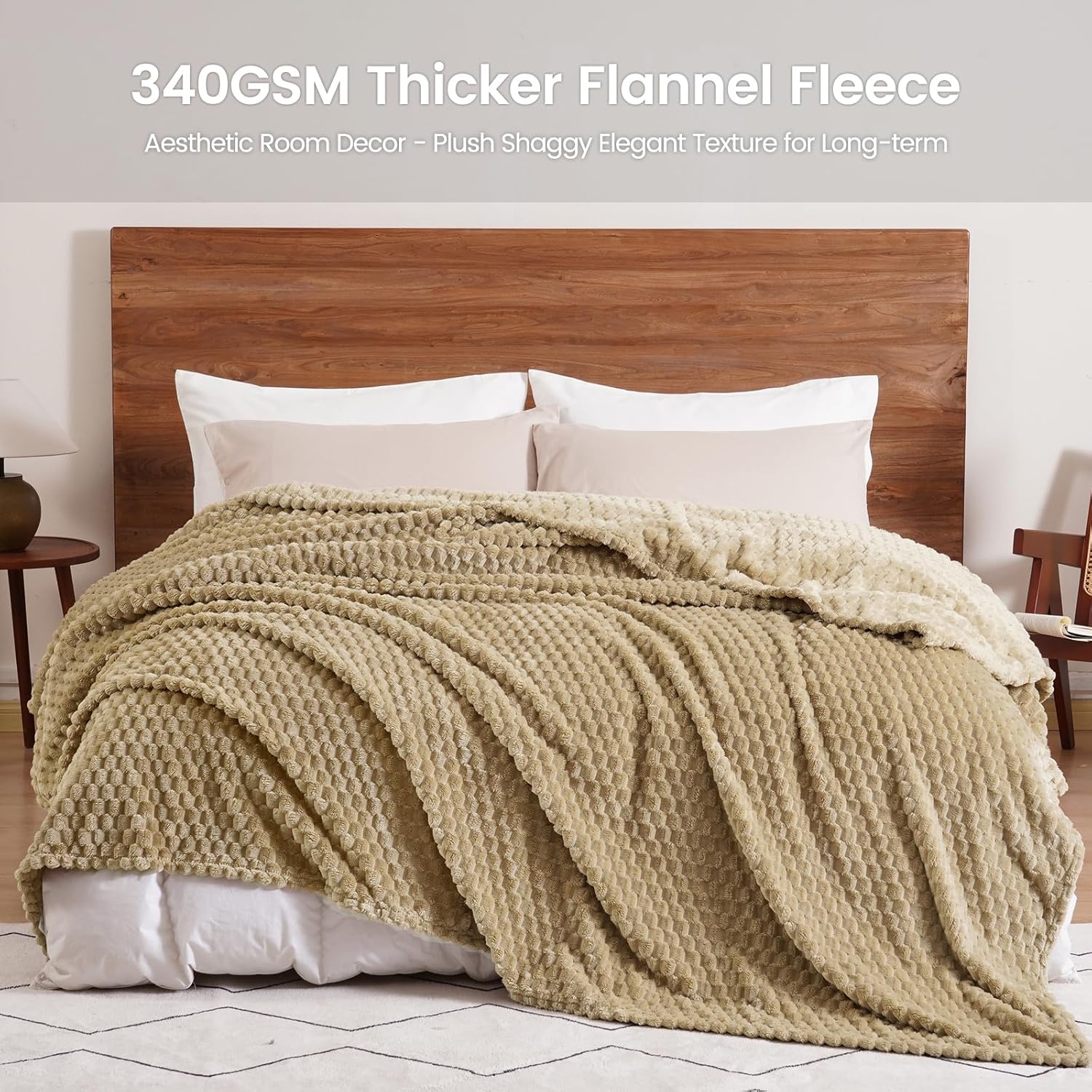 David's Home Ultra Soft Fleece Blanket King Size, Warm Lightweight 3D Jacquard Flannel Blanket for Fall Winter, Fluffy Cozy Luxury Plush Suitable for Bed Room Decor,108"x90", Light Khaki