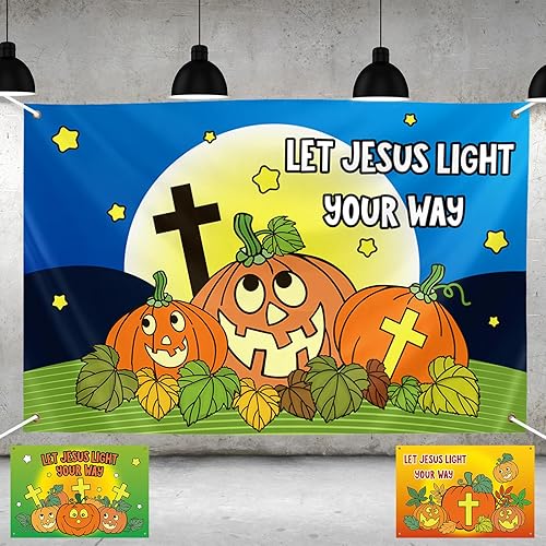 Preboun 3 carteles de telón de fondo de calabaza cristiana de Halloween para fiestas, 40 x 60 pulgadas, decoración religiosa de tronco o trato,