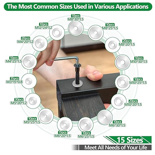 Miniatura 4 de Juego de 230 arandelas planas grandes, kit surtido de arandelas planas de acero inoxidable 304, 15 tamaños M3M4M5M6M8M10M12, arandelas redondas