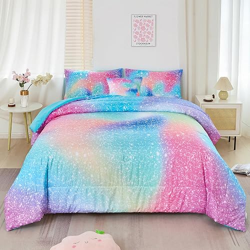 RYNGHIPY 6 Pcs Twin Blue Pink Ombre Comforter Set for Kids Girls | Colorful Rainbow Bed in a Bag Galaxy Glitter Bedding Set Microfiber Sparkle Gradient Bed Set for Kids