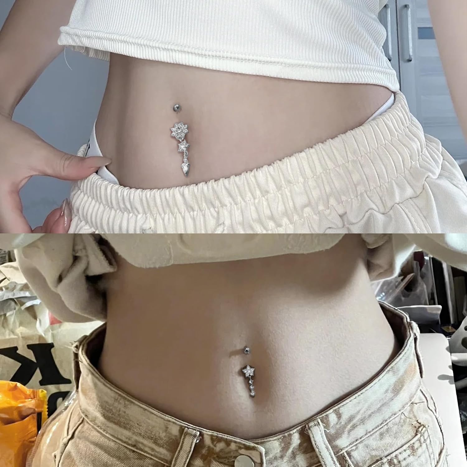 Vsnnsns 14G Dangle Belly Button Ring Piercing Jewelry 316L Stainless Surgical Steel Navel Rings Cubic Zirconia Heart Flower CZ Dangling Belly Button Ring Piercing Jewelry for Women Hypoallergenic