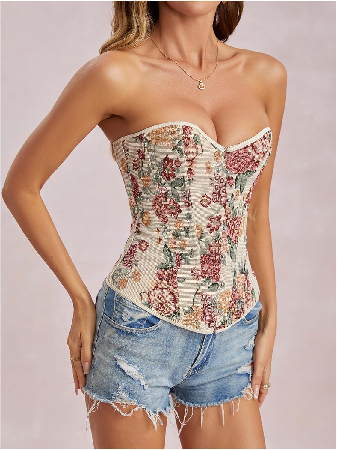 MakeMeChic Women's Floral Strapless Corset Top Vintage Lace Up Bustier Going Out Top - Image 5